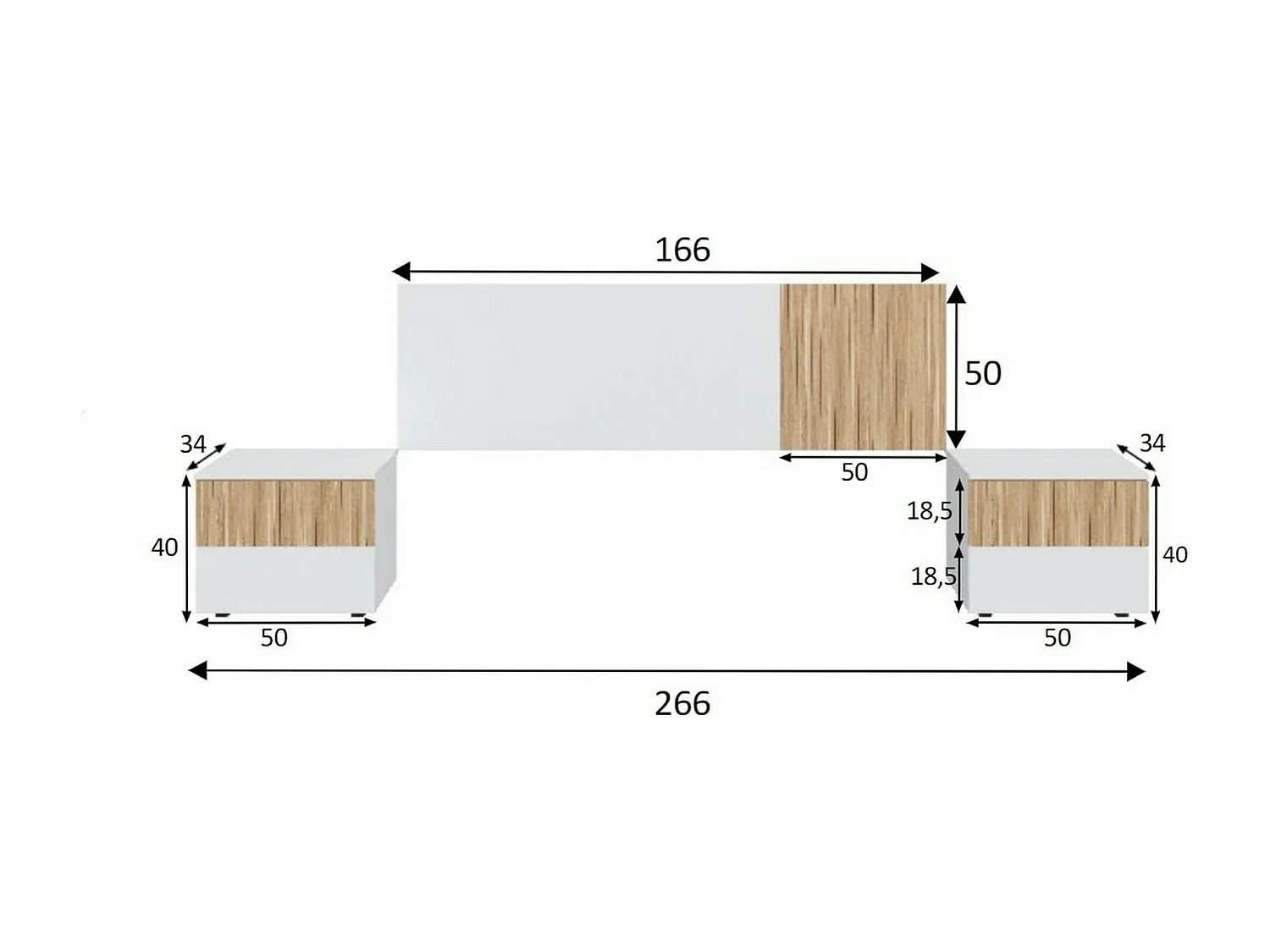 Tête de lit Yuma, Tête de lit avec 2 tables de chevet, Ensemble chambre à coucher, 266x34h89 cm, Blanc et Chêne