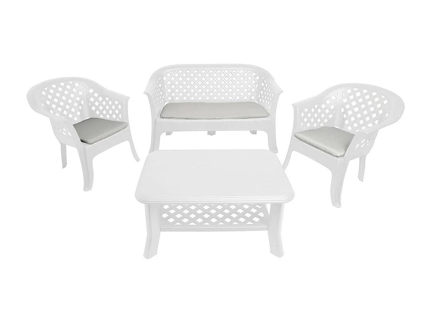 Ensemble de salon d'extérieur Dante, Composition de jardin avec 2 fauteuils, 1 banc et 1 table basse, Salon intérieur et extérieur, 100% Made in Italy, Blanc