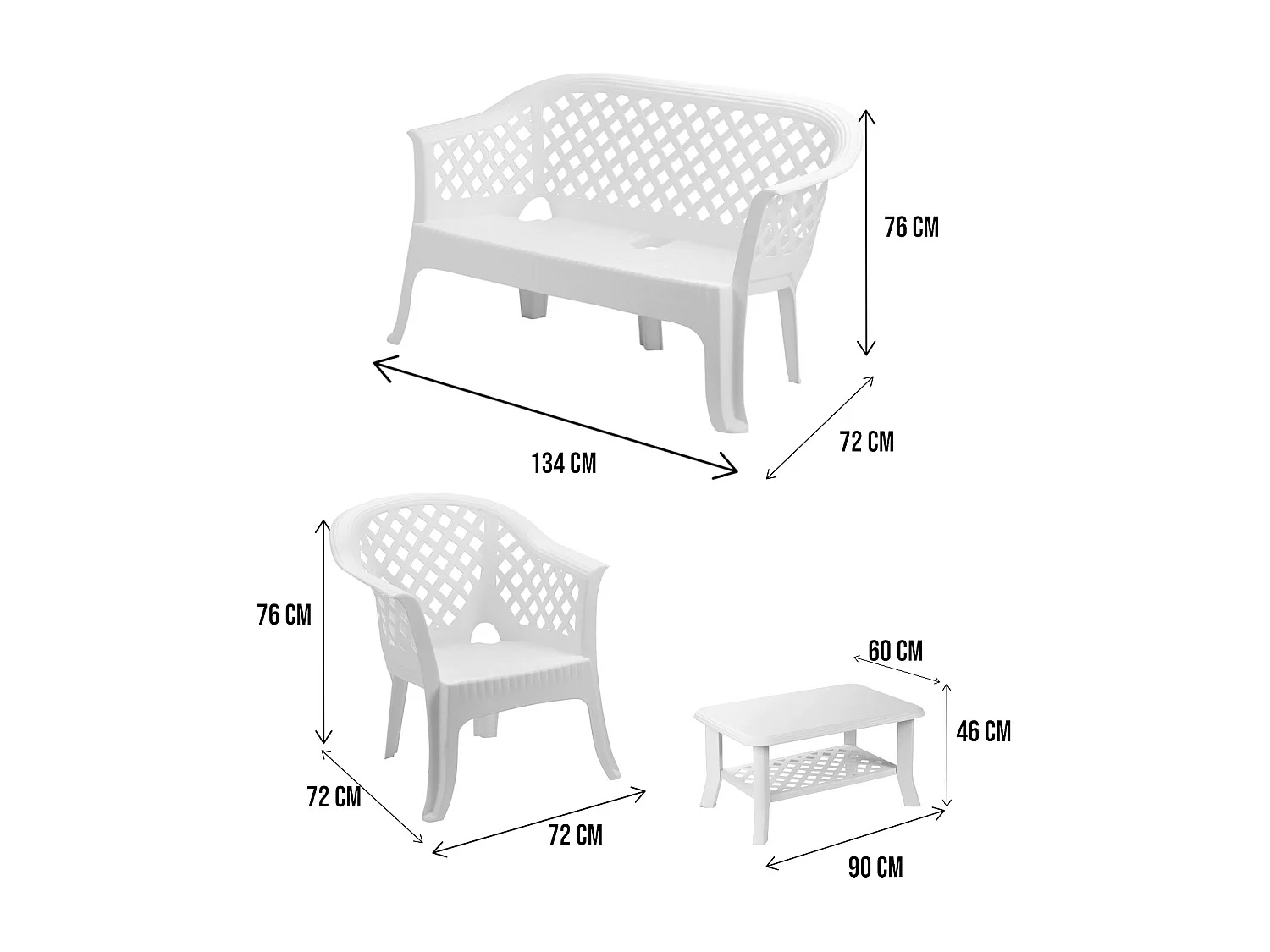 Ensemble de salon d'extérieur Dante, Composition de jardin avec 2 fauteuils, 1 banc et 1 table basse, Salon intérieur et extérieur, 100% Made in Italy, Blanc