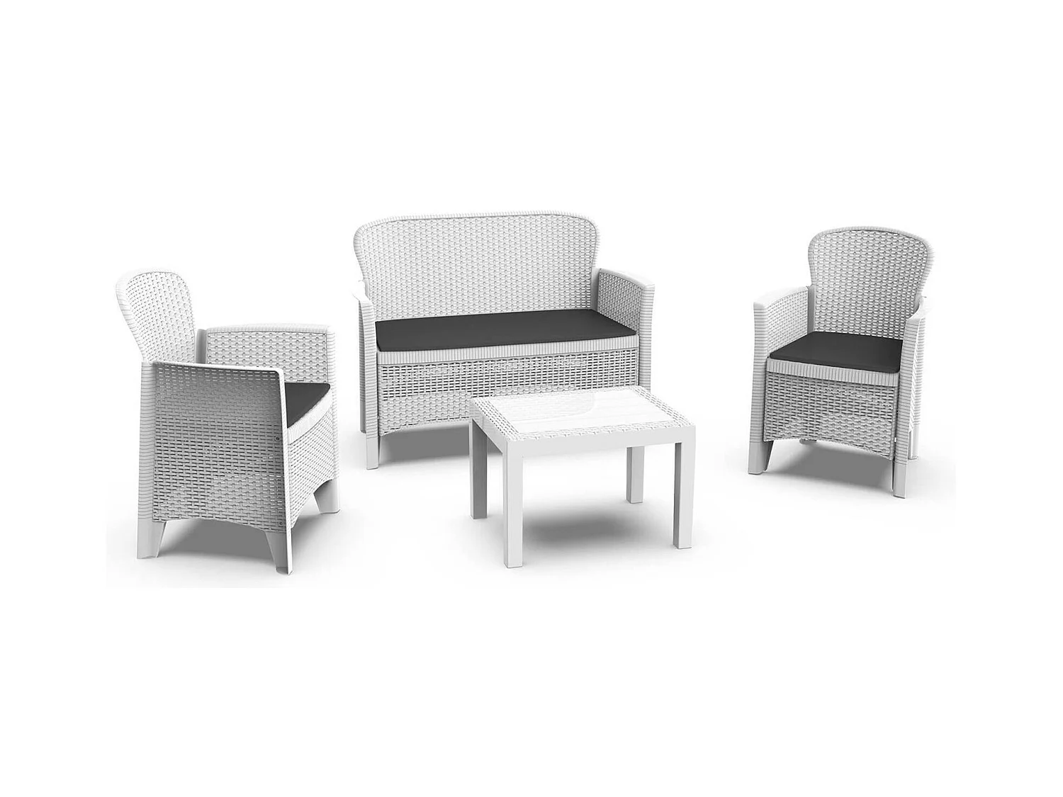 Set salon d'extérieur Debois, Salon de jardin composé de 2 fauteuils, 1 canapé et 1 table basse, Coin salon effet rotin avec coussins, 100% Made in Italy, Blanc