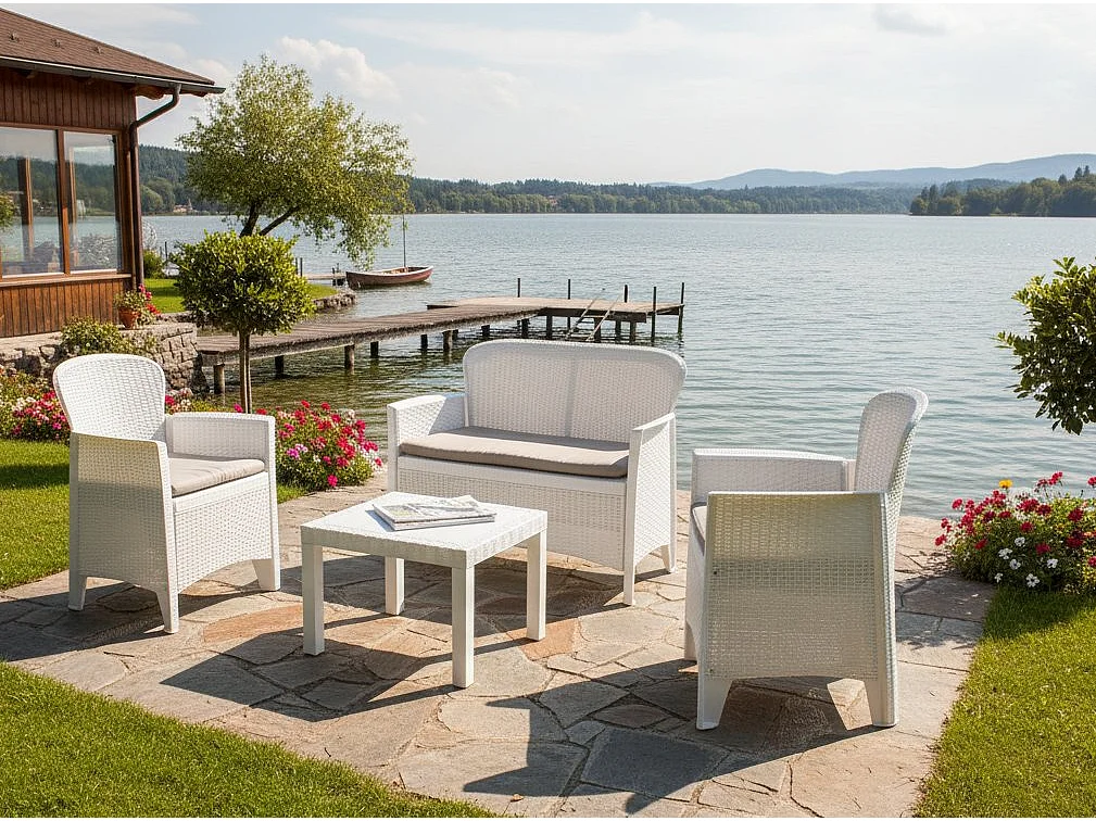 Debois outdoor loungeset, Tuinset met 2 fauteuils, 1 bank en 1 salontafel, Rotan effect lounge met kussens, 100% Made in Italy, Wit