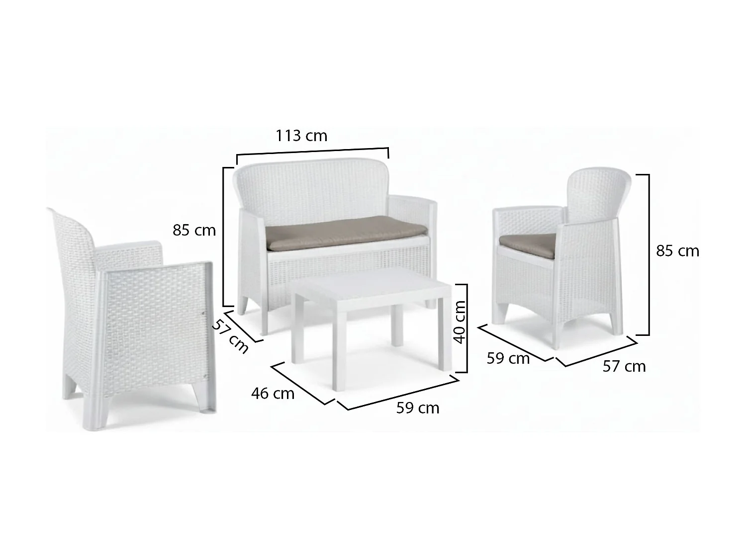 Debois outdoor loungeset, Tuinset met 2 fauteuils, 1 bank en 1 salontafel, Rotan effect lounge met kussens, 100% Made in Italy, Wit