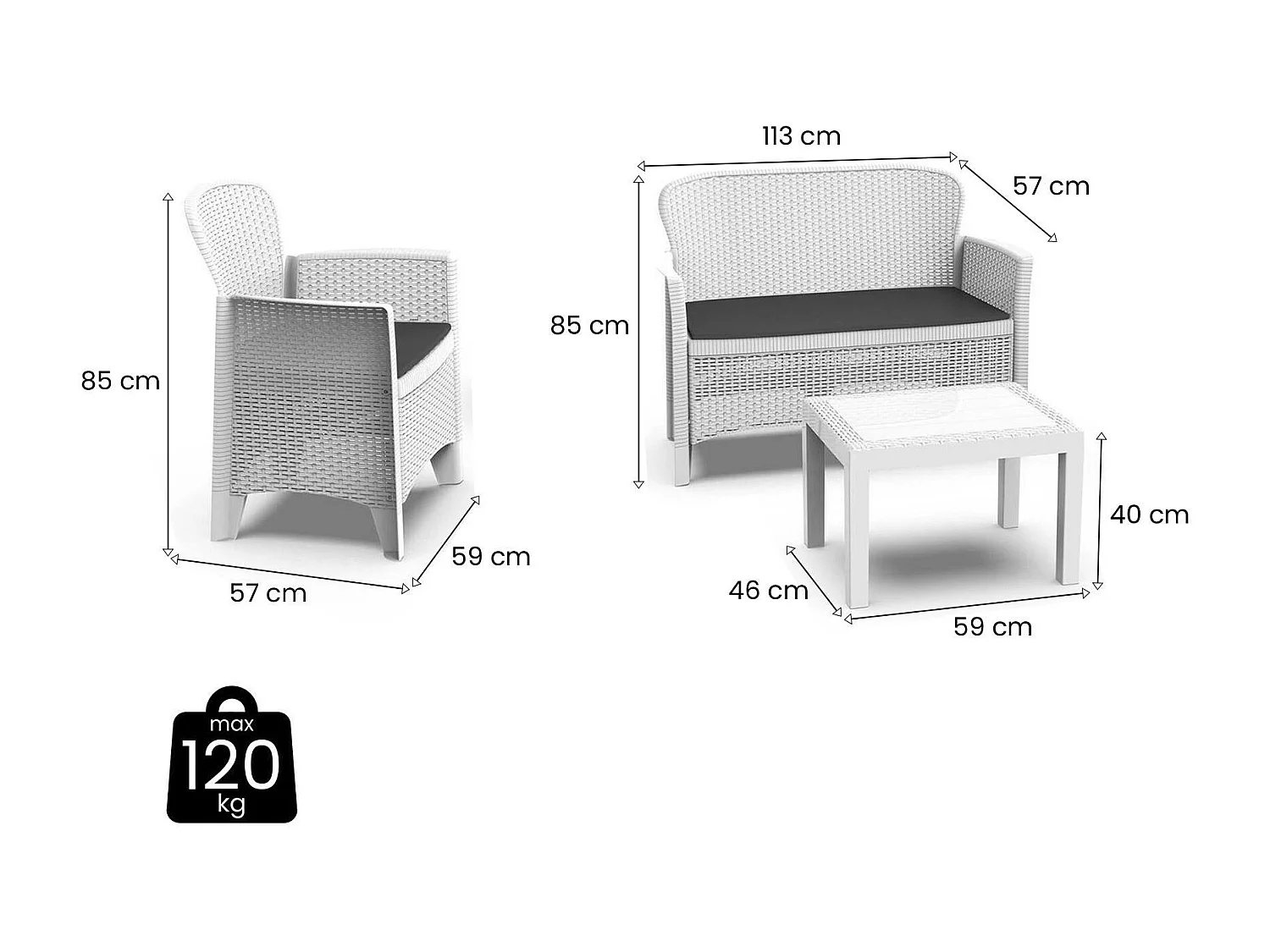 Set salon d'extérieur Debois, Salon de jardin composé de 2 fauteuils, 1 canapé et 1 table basse, Coin salon effet rotin avec coussins, 100% Made in Italy, Blanc
