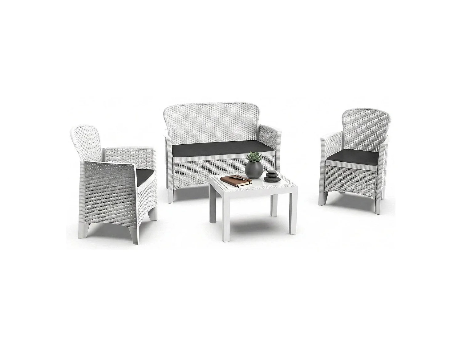 Set salon d'extérieur Debois, Salon de jardin composé de 2 fauteuils, 1 canapé et 1 table basse, Coin salon effet rotin avec coussins, 100% Made in Italy, Blanc