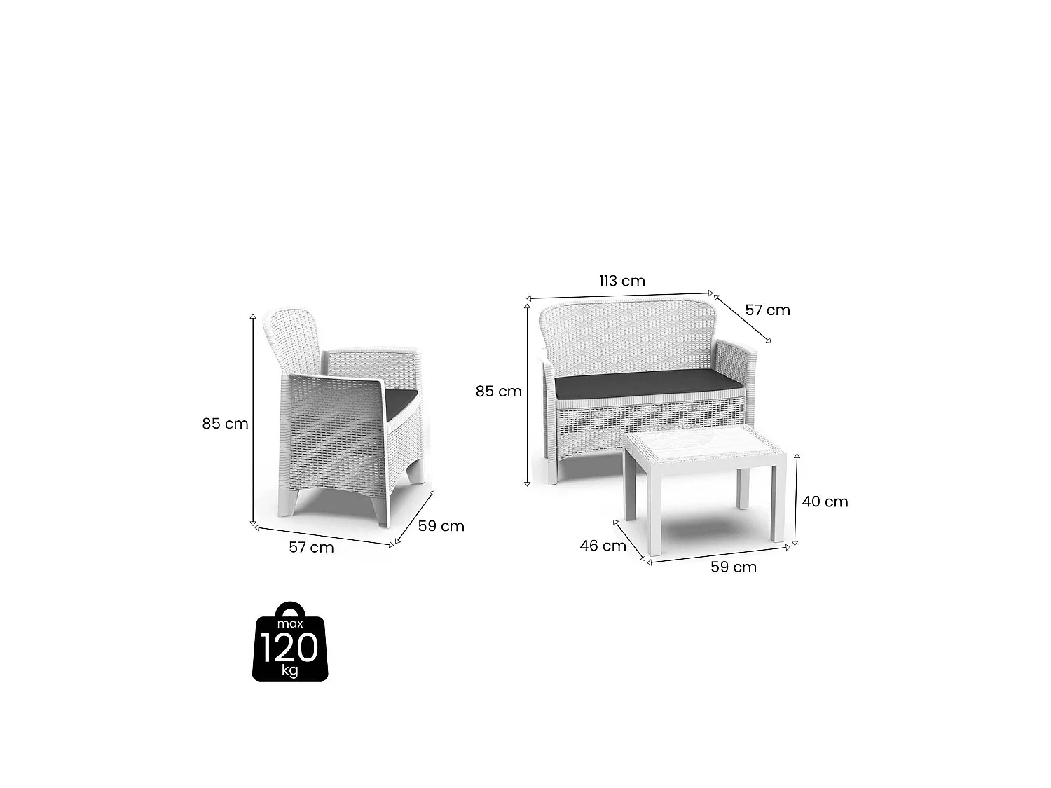 Set salon d'extérieur Debois, Salon de jardin composé de 2 fauteuils, 1 canapé et 1 table basse, Coin salon effet rotin avec coussins, 100% Made in Italy, Blanc
