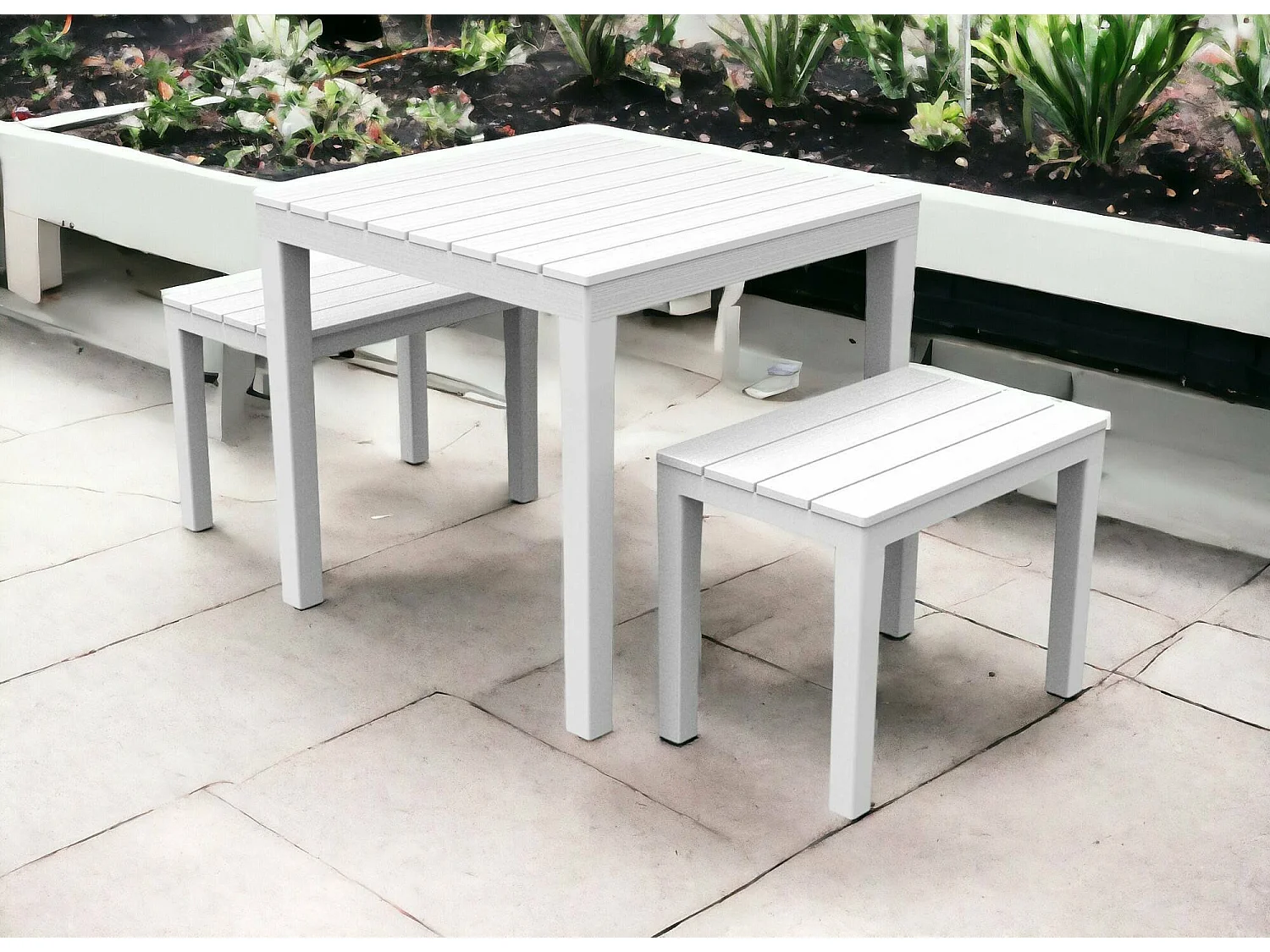 Ensemble de salon d'extérieur Dkabash, Composition de jardin avec 1 table carrée et 2 bancs, Salon intérieur et extérieur de Pic Nic, 100% Made in Italy, Blanc