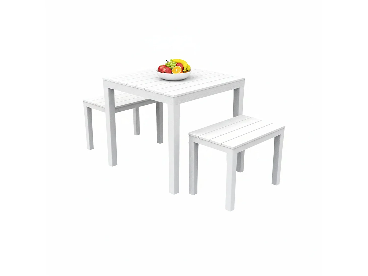 Ensemble de salon d'extérieur Dkabash, Composition de jardin avec 1 table carrée et 2 bancs, Salon intérieur et extérieur de Pic Nic, 100% Made in Italy, Blanc
