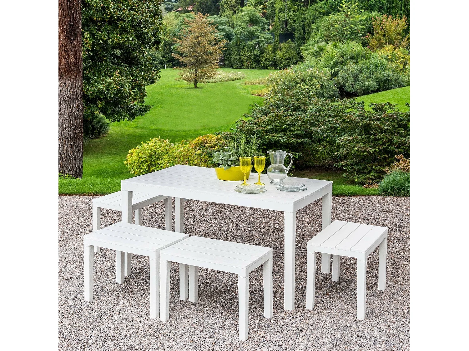 Set salon dextérieur Dmascar, Ensemble de jardin avec 1 table rectangulaire et 4 bancs, Ensemble d'intérieur et d'extérieur pour Pic Nic, 100% Made in Italy, Blanc
