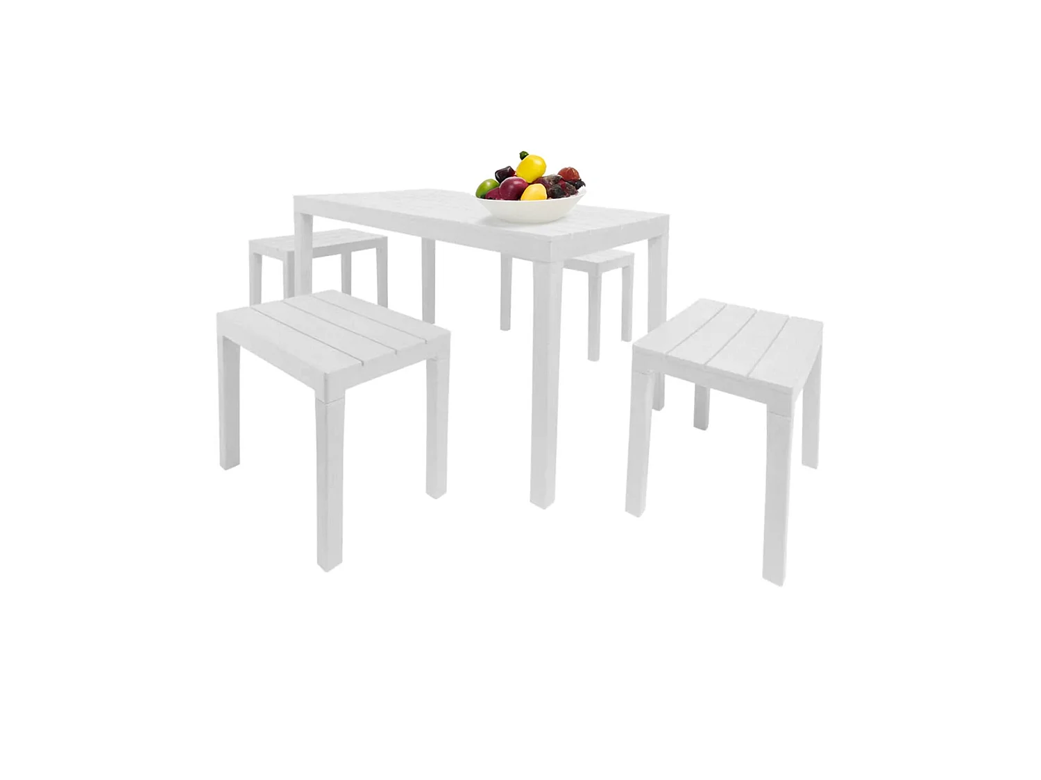 Set salon dextérieur Dmascar, Ensemble de jardin avec 1 table rectangulaire et 4 bancs, Ensemble d'intérieur et d'extérieur pour Pic Nic, 100% Made in Italy, Blanc