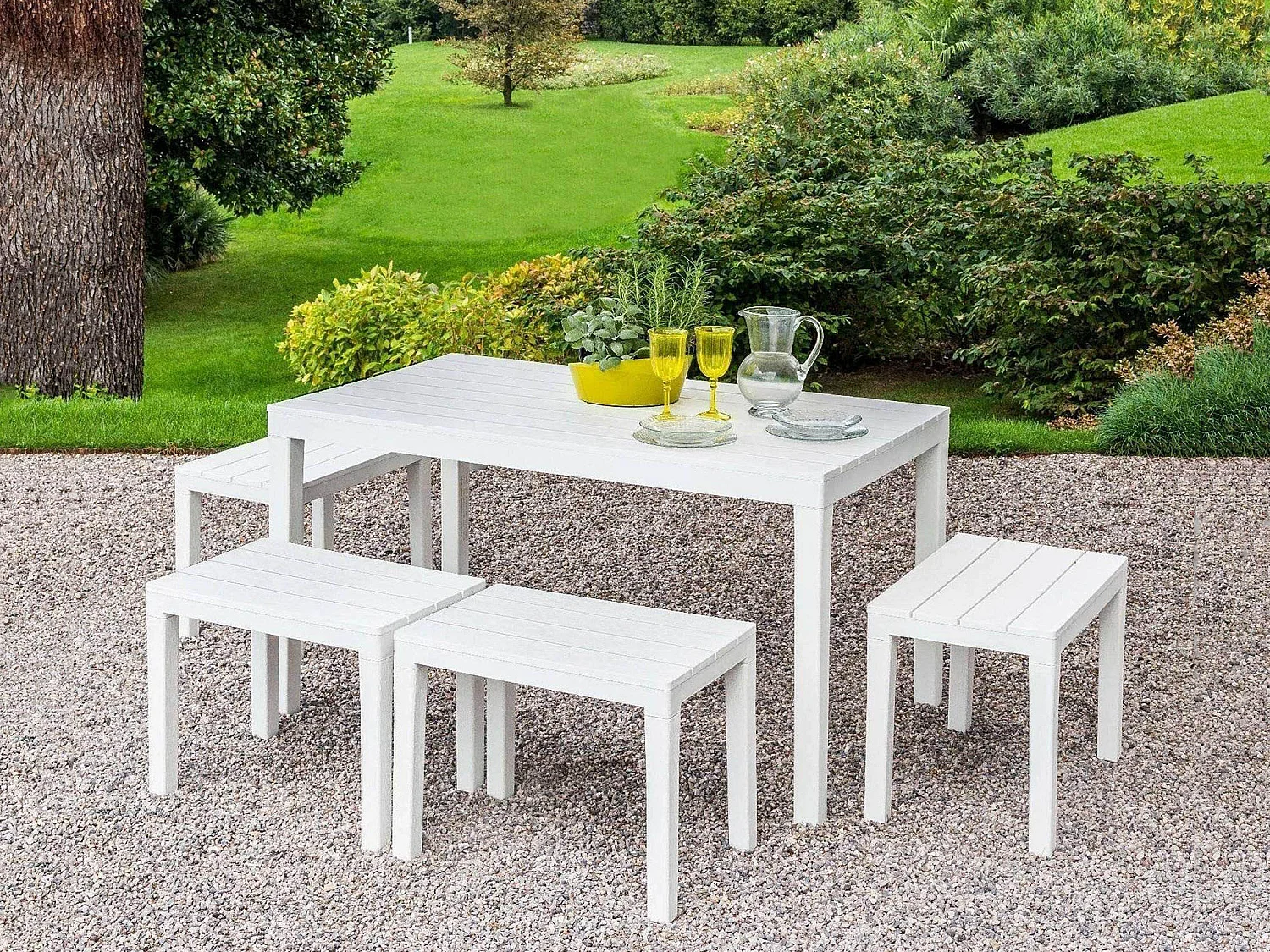 Set salon dextérieur Dmascar, Ensemble de jardin avec 1 table rectangulaire et 4 bancs, Ensemble d'intérieur et d'extérieur pour Pic Nic, 100% Made in Italy, Blanc