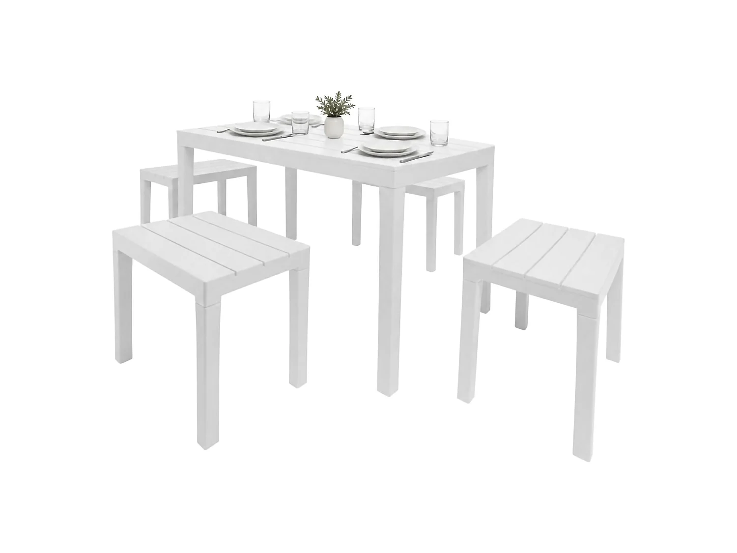 Set salon dextérieur Dmascar, Ensemble de jardin avec 1 table rectangulaire et 4 bancs, Ensemble d'intérieur et d'extérieur pour Pic Nic, 100% Made in Italy, Blanc