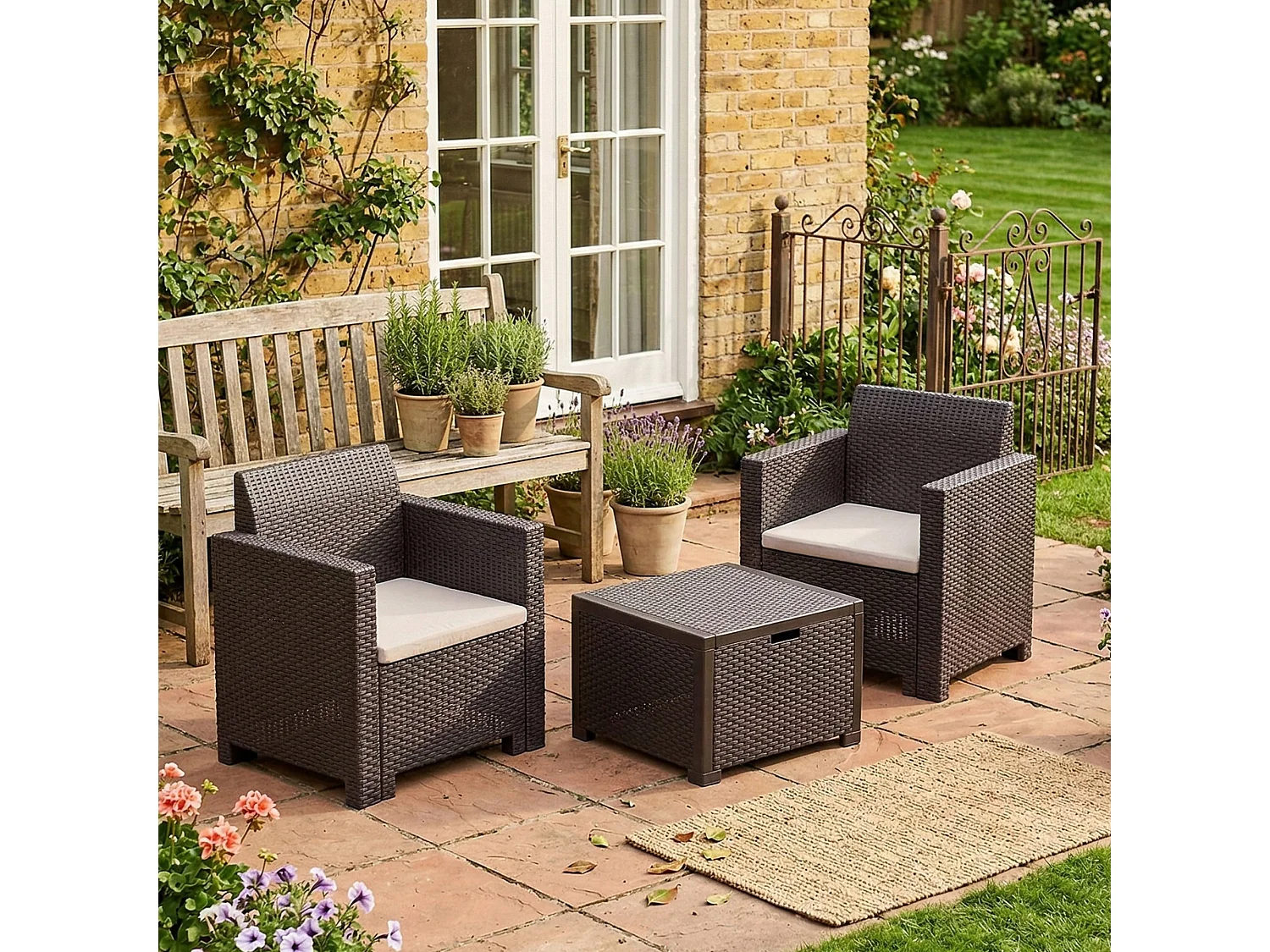 Ensemble de salon d'extérieur Dkrajn, Ensemble de jardin avec coussins, Ensemble de salon d'intérieur effet rotin, 100% Made in Italy, Marron