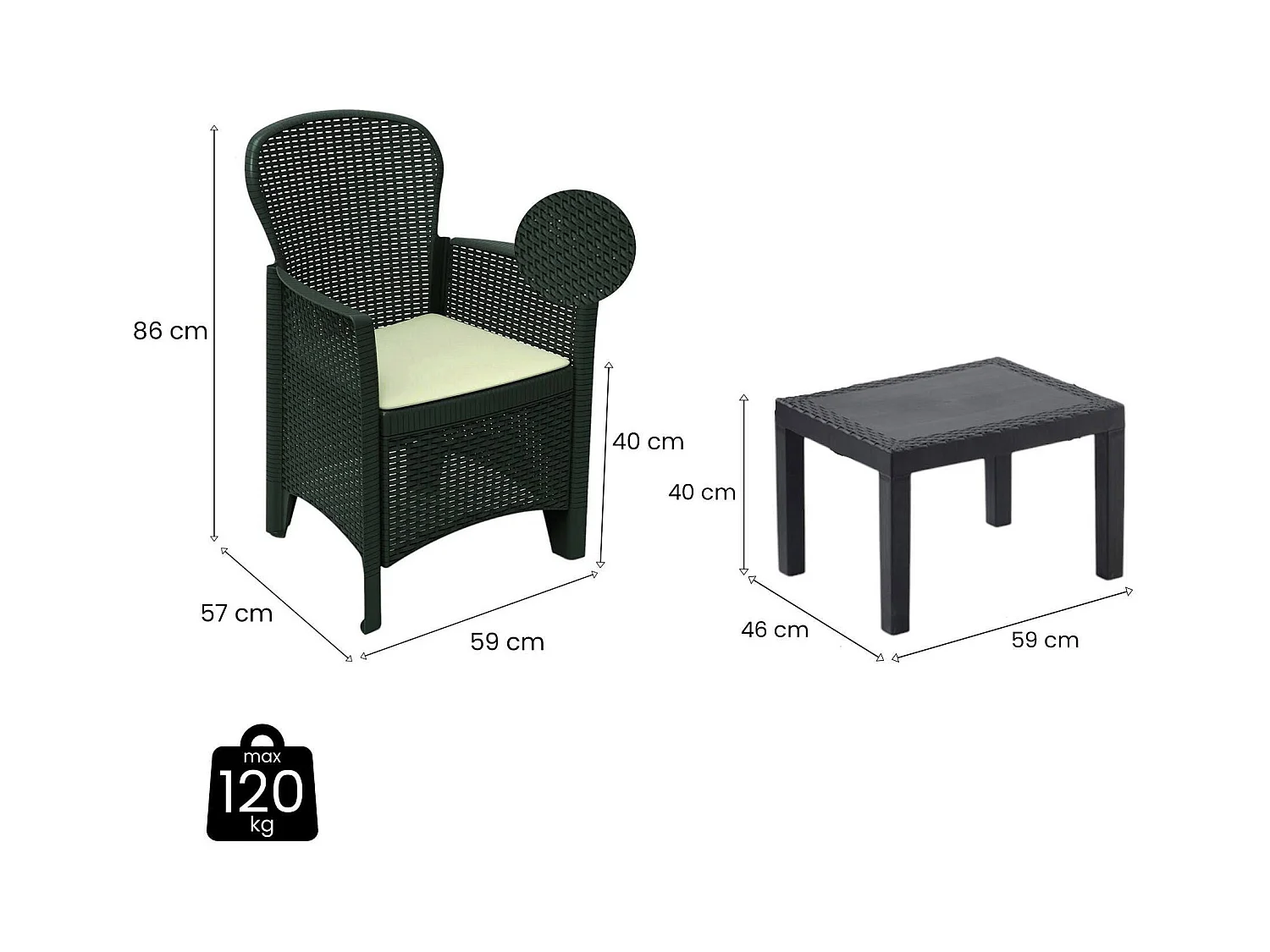 Outdoor-Lounge-Set Dzucco, Gartengarnitur mit 2 Sesseln und 1 Couchtisch, Sitzgruppe in Rattan-Optik mit Kissen, 100 % Made in Italy, Anthrazit