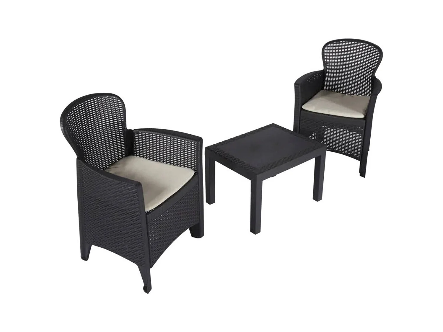 Outdoor-Lounge-Set Dzucco, Gartengarnitur mit 2 Sesseln und 1 Couchtisch, Sitzgruppe in Rattan-Optik mit Kissen, 100 % Made in Italy, Anthrazit