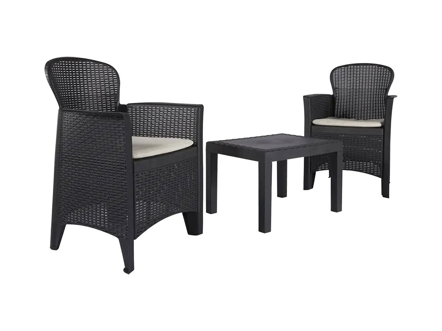 Ensemble de salon d'extérieur Dzucco, Composition de jardin avec 2 fauteuils et 1 table basse, Salon effet rotin avec coussins, 100% Made in Italy, Anthracite