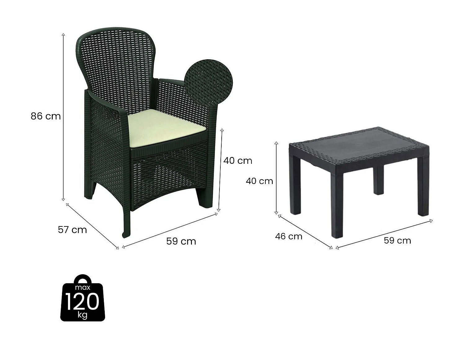 Conjunto lounge ao ar livre Dzucco, Conjunto de jardim com 2 poltronas e 1 mesa de centro, Lounge com efeito Rattan e almofadas, 100% Fabricado na Itália, Antracite