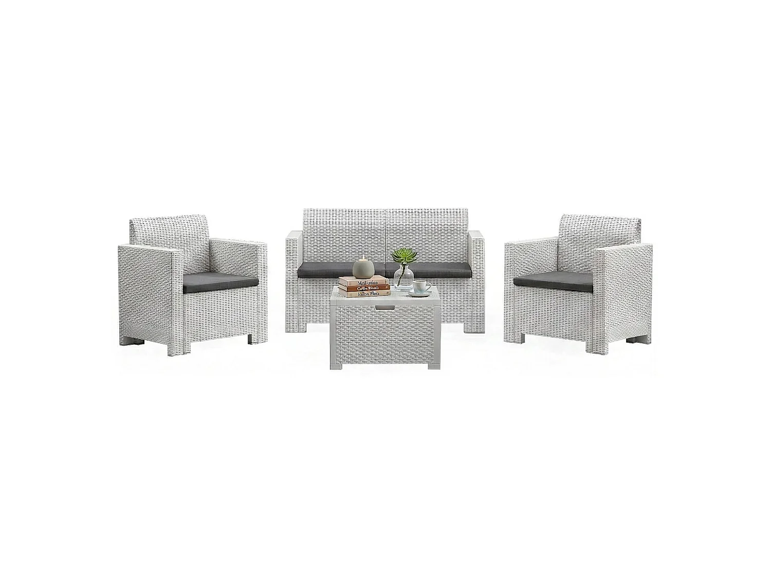Ensemble de salon d'extérieur Venere, Salon de jardin avec coussins, Salon d'intérieur effet rotin, 100% Made in Italy, Blanc
