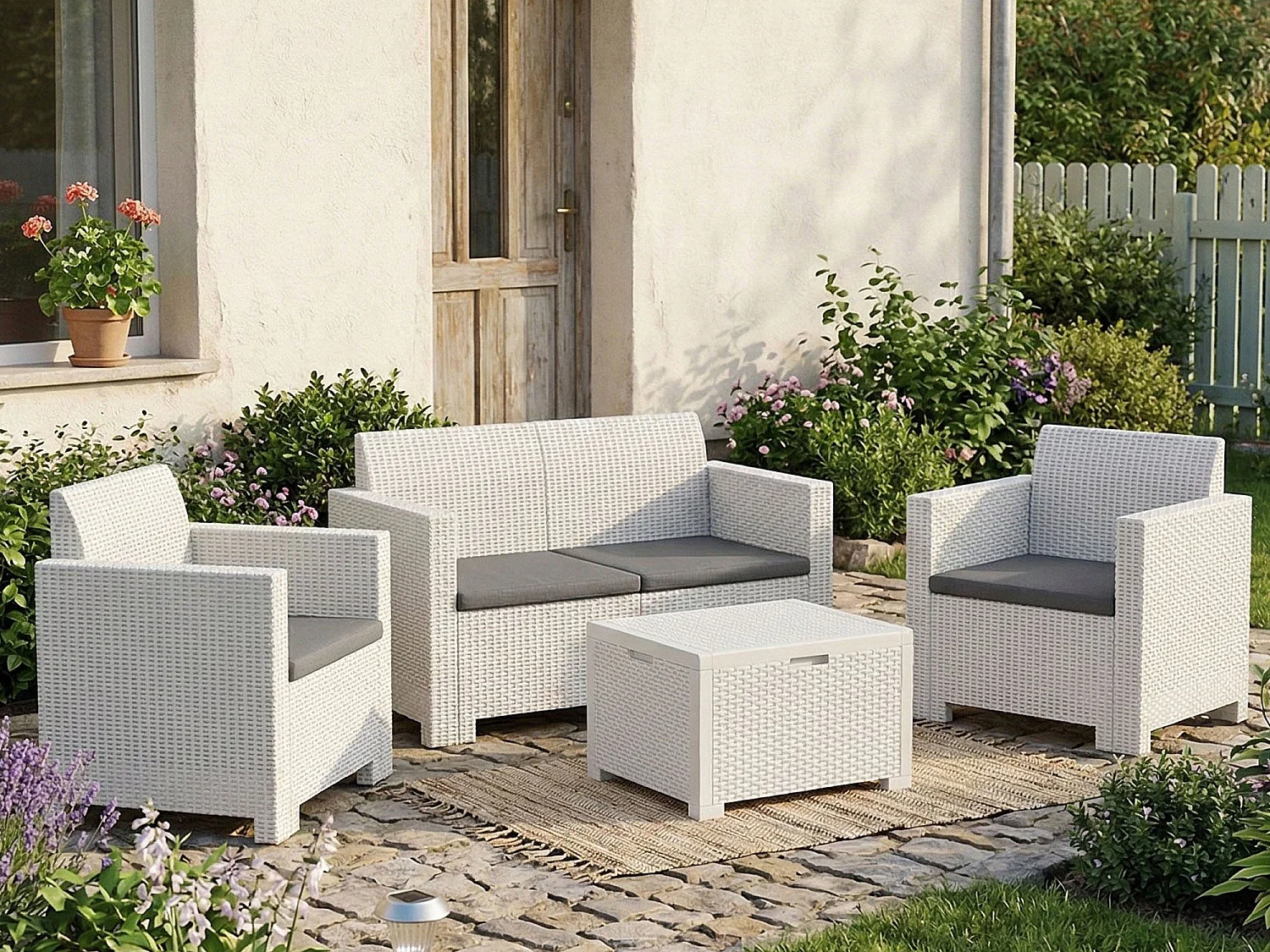 Ensemble de salon d'extérieur Venere, Salon de jardin avec coussins, Salon d'intérieur effet rotin, 100% Made in Italy, Blanc