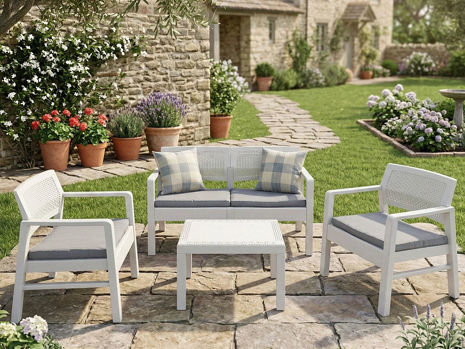 Set Salotto da Esterno Agnelo, 4 Posti Made in Italy, Bianco, Salottino Outdoor