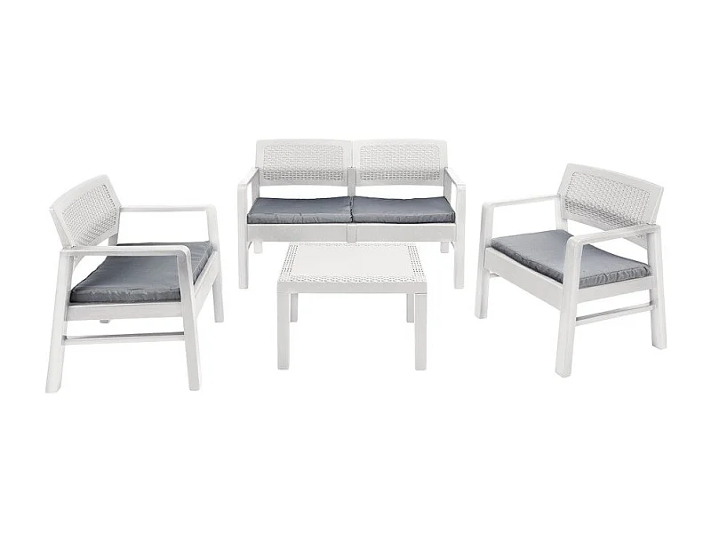 Ensemble de salon d'extérieur Dauter, Composition de jardin avec 2 fauteuils, 1 canapé et 1 table basse, Salon effet rotin avec coussins, 100% Made in Italy, Blanc