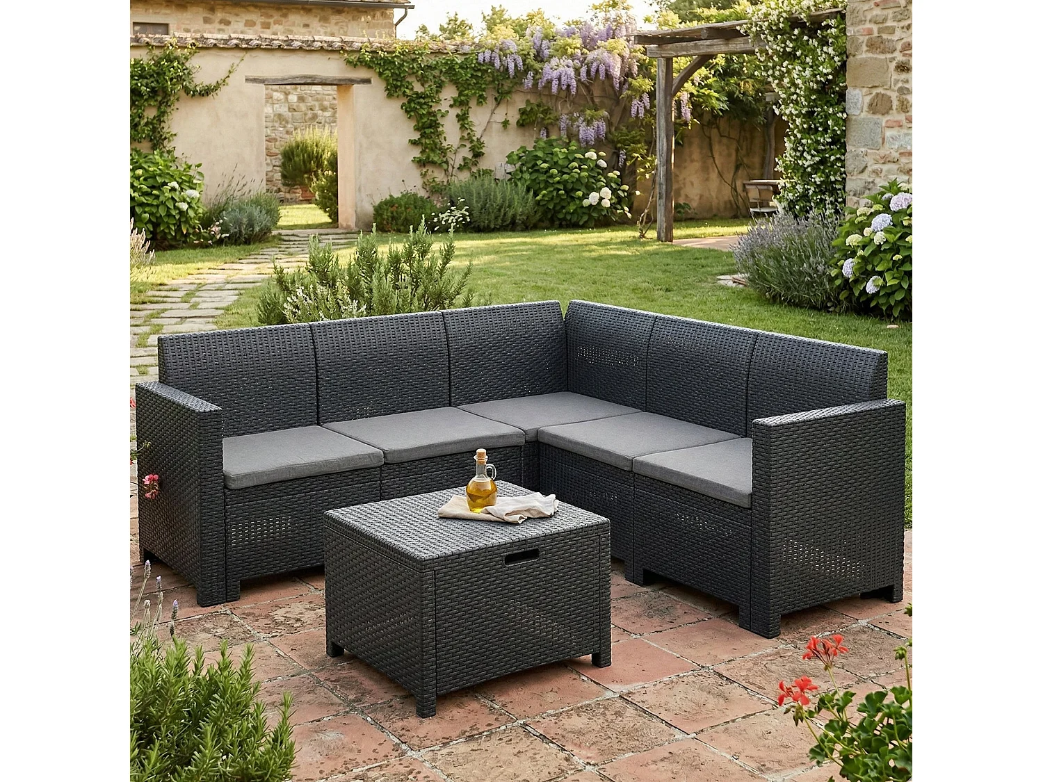 Ensemble de salon d'extérieur Eris, Ensemble de jardin avec coussins, Ensemble de salon d'intérieur effet rotin, 100% Made in Italy, Anthracite
