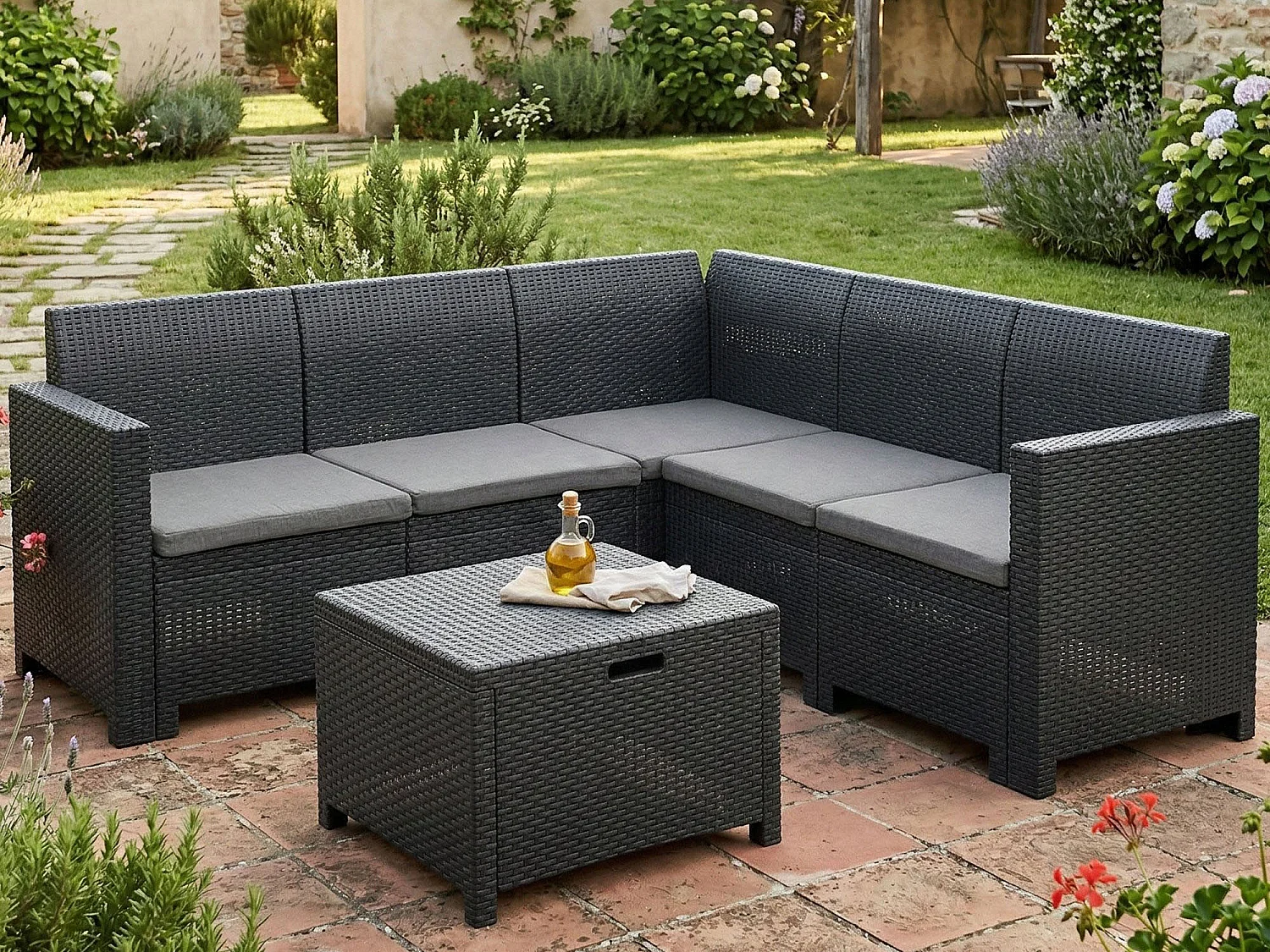Ensemble de salon d'extérieur Eris, Ensemble de jardin avec coussins, Ensemble de salon d'intérieur effet rotin, 100% Made in Italy, Anthracite