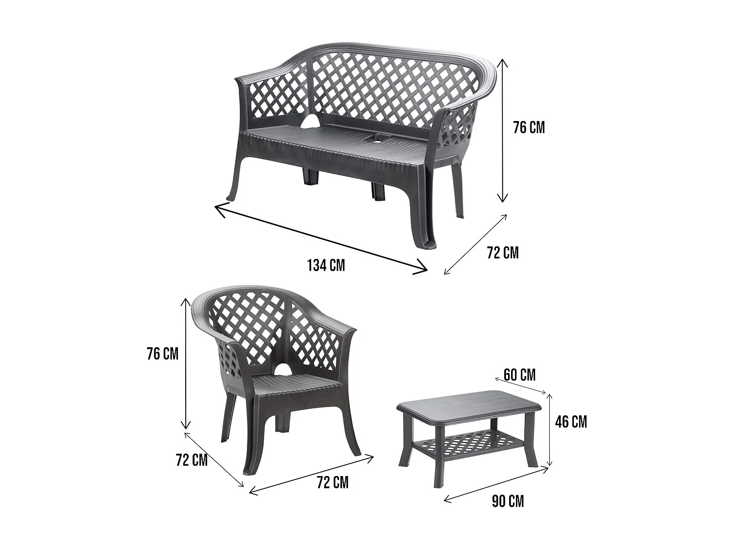 Conjunto lounge externo Brescia, Conjunto de jardim com 2 poltronas, 1 banco e 1 mesa de centro, Lounge interno e externo, 100% Fabricado na Itália, Antracite
