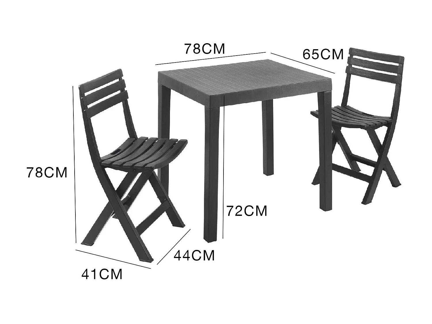 Outdoor-Lounge-Set Dlibutt, Gartenset mit 1 rechteckigen Tisch und 2 Klappstühlen, Pic Nic Indoor- und Outdoor-Set, 100 % Made in Italy, Anthrazit