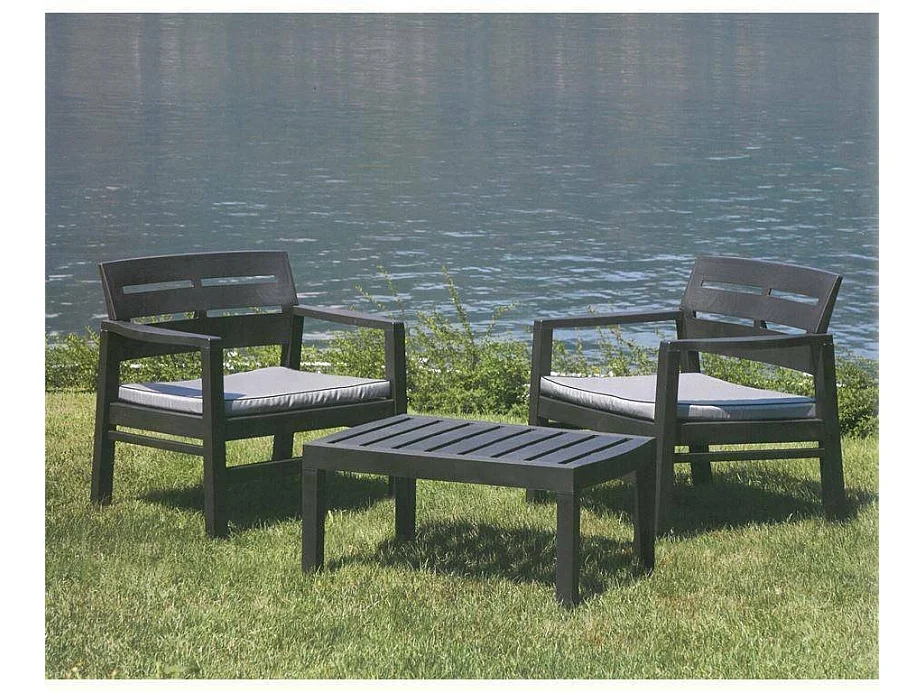 Set salon dextérieur Dalfier, Salon de jardin composé de 2 fauteuils et 1 table basse, Salon intérieur et extérieur avec coussins, 100% Made in Italy, Anthracite