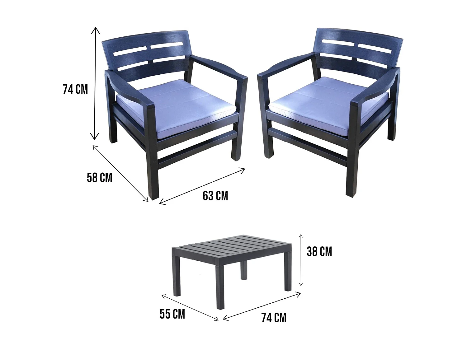 Set salon dextérieur Dalfier, Salon de jardin composé de 2 fauteuils et 1 table basse, Salon intérieur et extérieur avec coussins, 100% Made in Italy, Anthracite