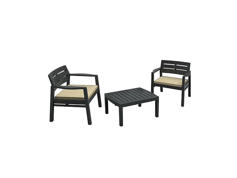 Set salon dextérieur Dalfier, Salon de jardin composé de 2 fauteuils et 1 table basse, Salon intérieur et extérieur avec coussins, 100% Made in Italy, Anthracite