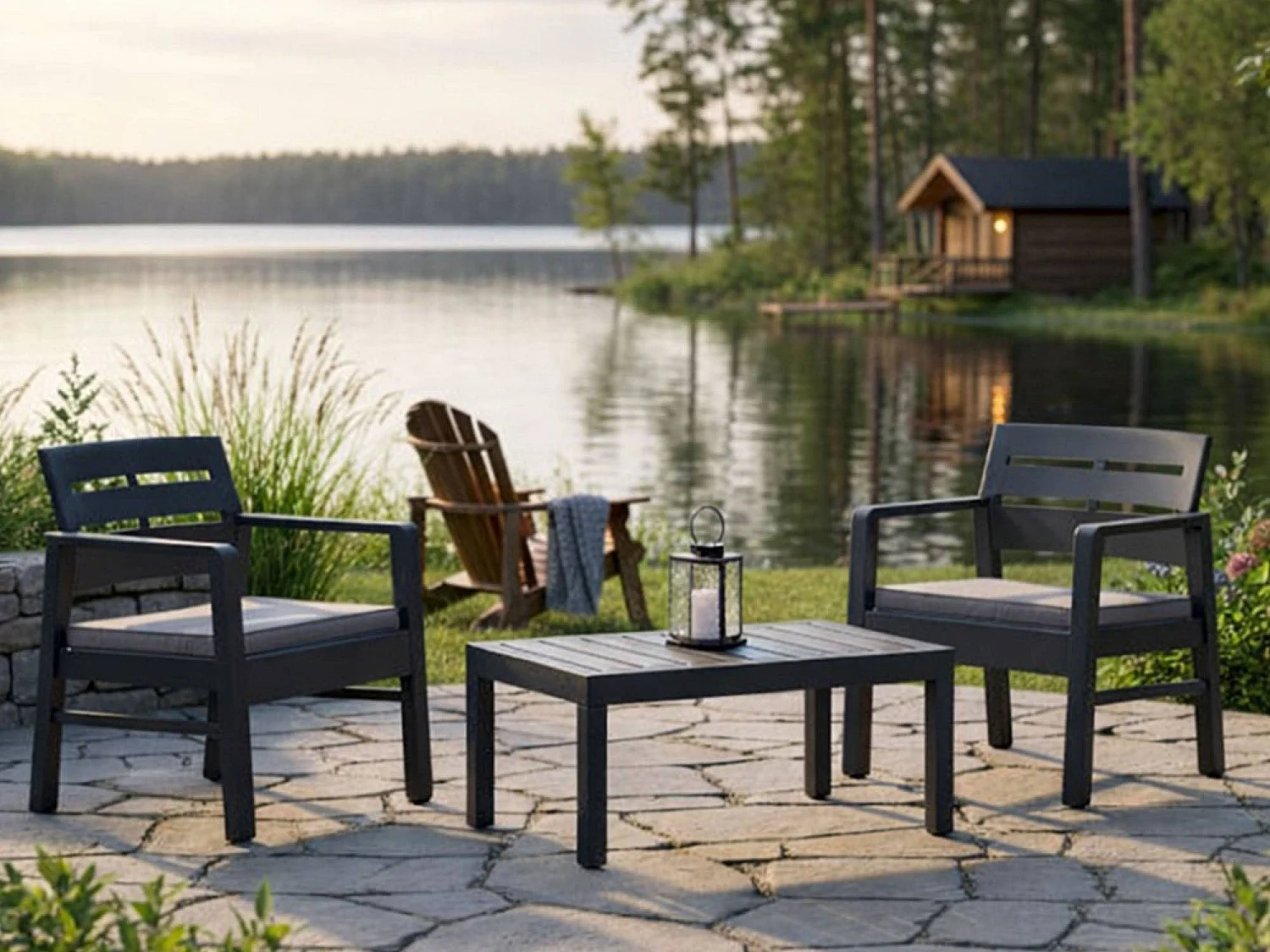 Set Salotto da Esterno Alfio, 2 Posti Made in Italy, Nero Antracite, Salottino Outdoor
