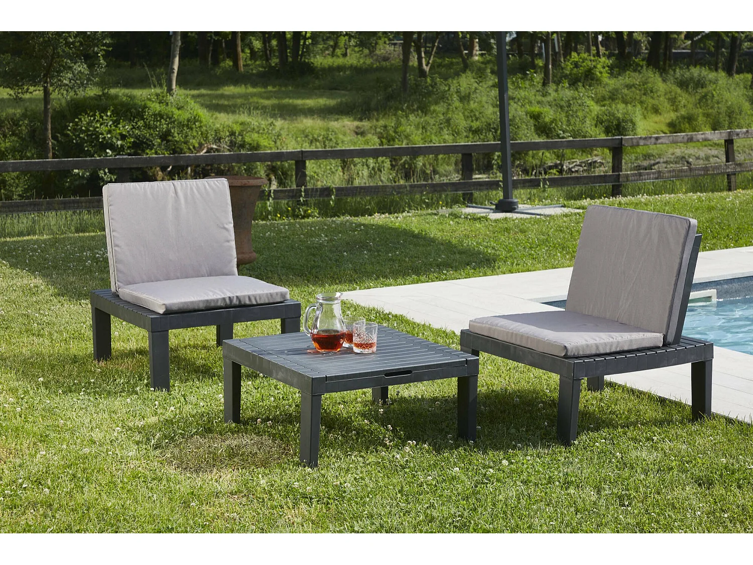 Set Salotto da Esterno Cervia, Composizione da Giardino con 2 sedute con Schienale ed 1 modulo Multifunzione, Salottino con Cuscini, 100% Made in Italy, Antracite
