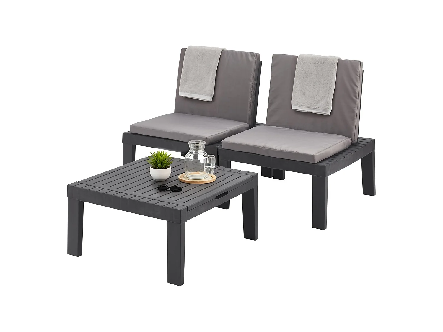 Set salon dextérieur Dbaggi, Salon de jardin avec 2 sièges avec dossier et 1 module multifonctionnel, Coin salon avec coussins, 100% Made in Italy, Anthracite