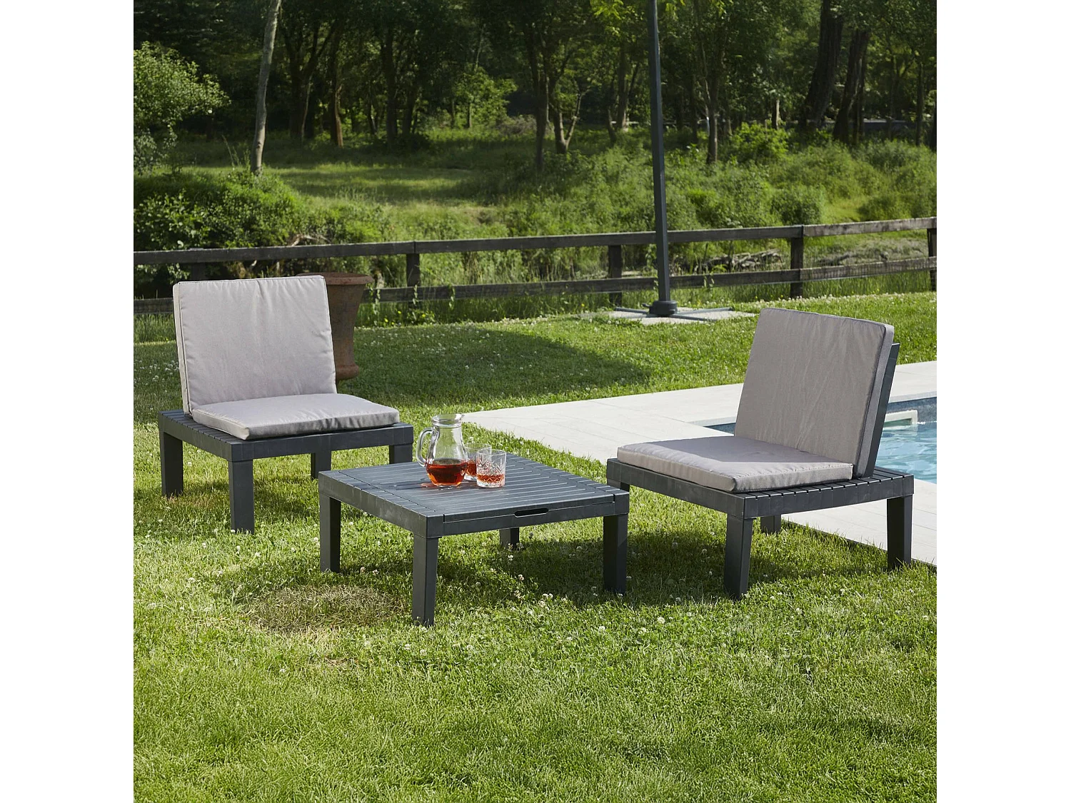 Set salon dextérieur Dbaggi, Salon de jardin avec 2 sièges avec dossier et 1 module multifonctionnel, Coin salon avec coussins, 100% Made in Italy, Anthracite