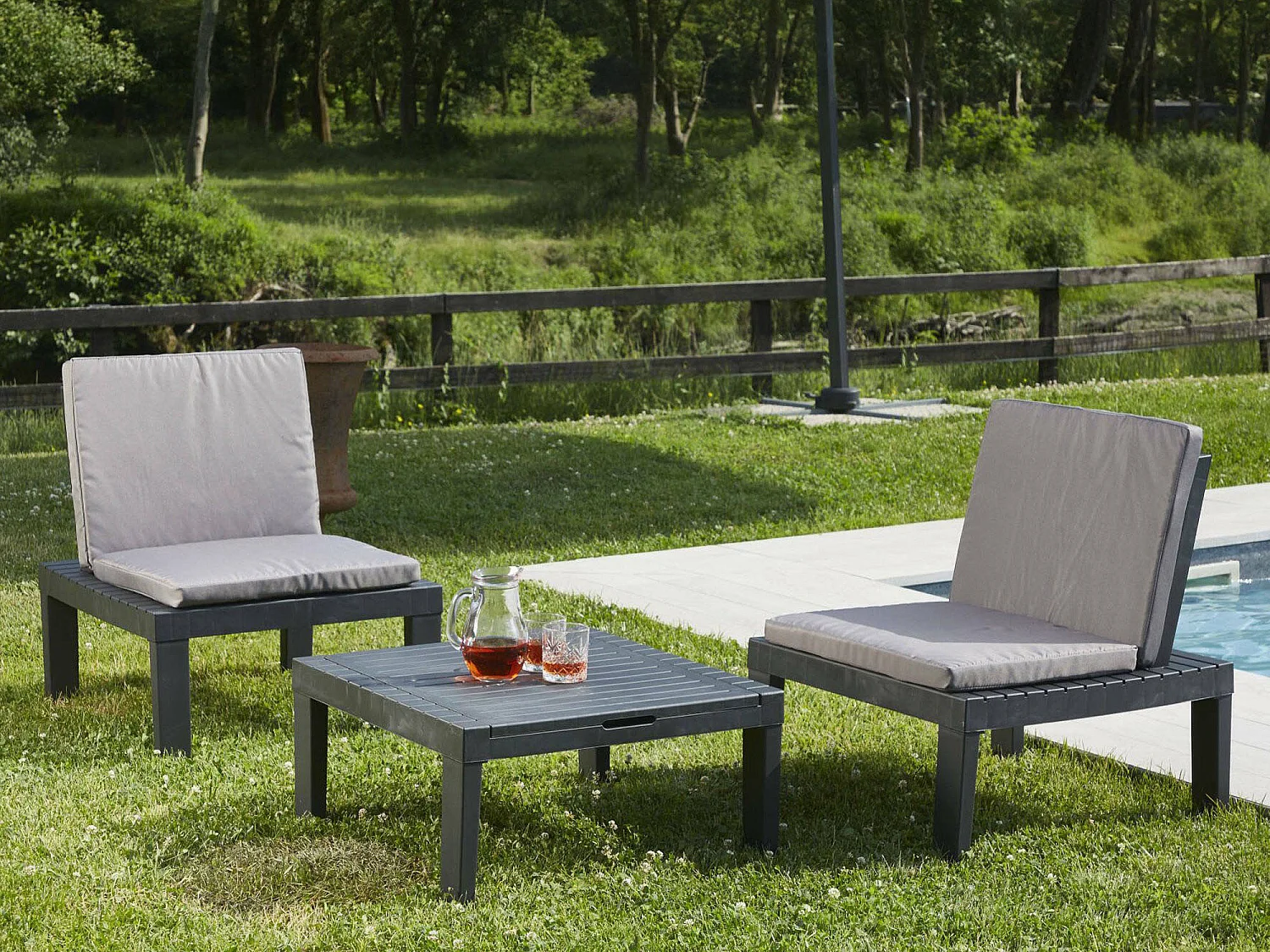 Set salon dextérieur Dbaggi, Salon de jardin avec 2 sièges avec dossier et 1 module multifonctionnel, Coin salon avec coussins, 100% Made in Italy, Anthracite