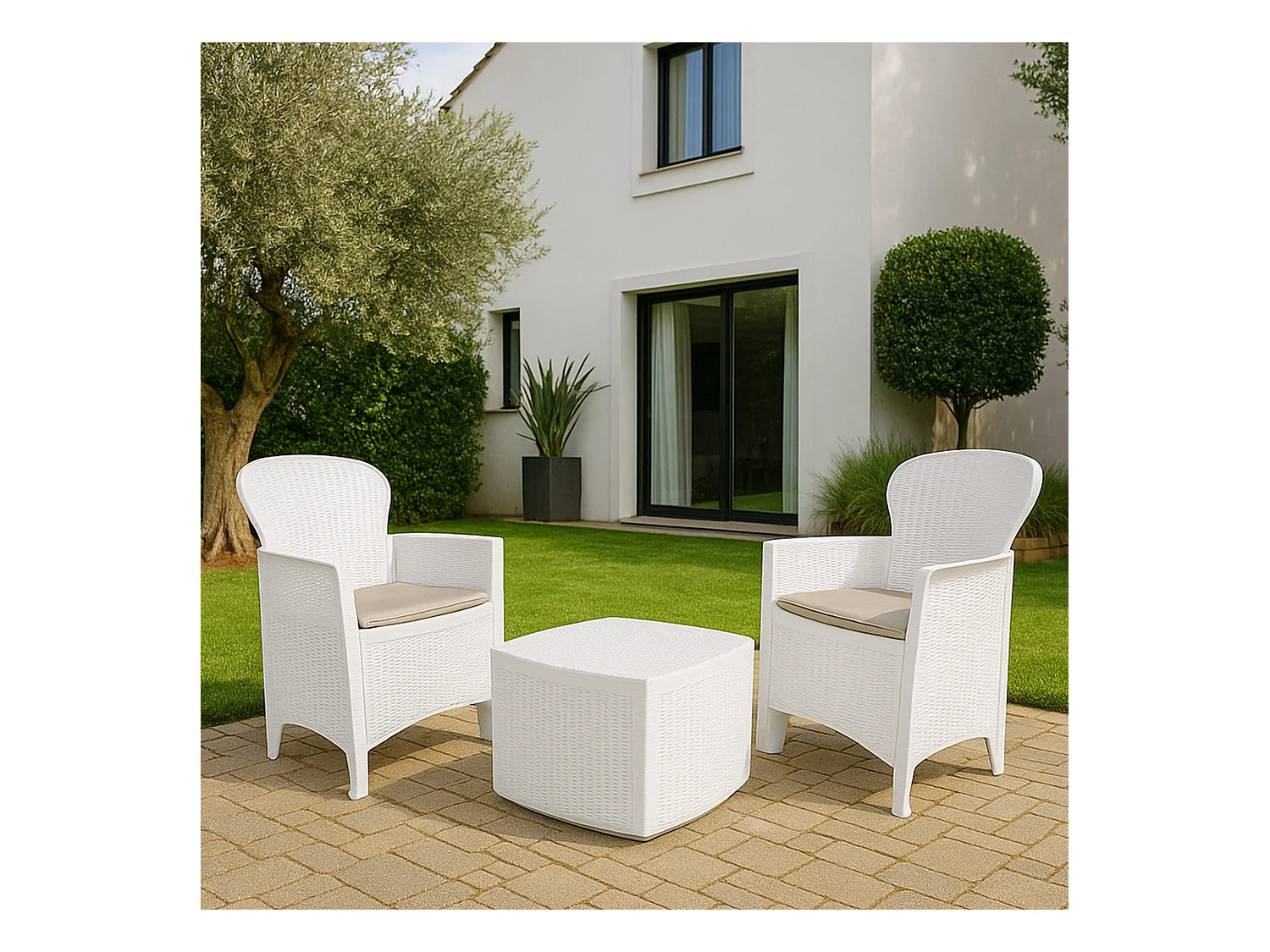 Set salon dâ€™extérieur Dakain, Salon de jardin composé de 2 fauteuils et 1 table conteneur, Salon effet rotin, 100% Made in Italy, Blanc