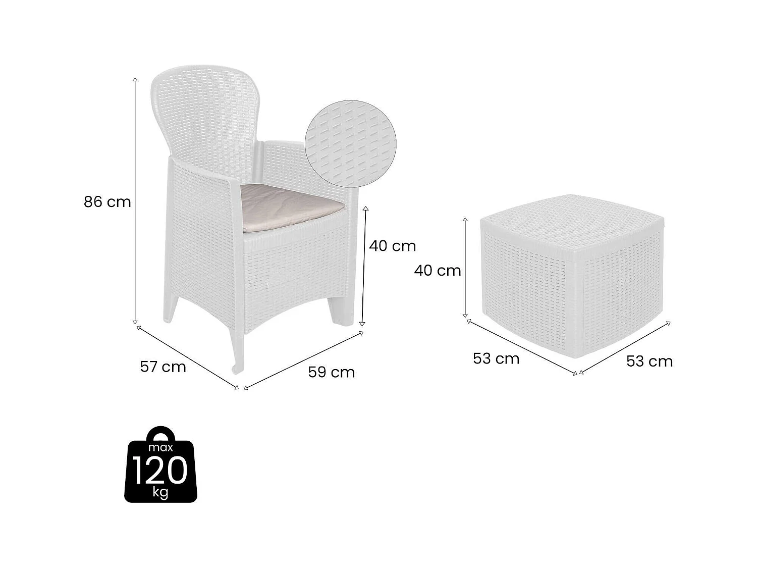 Set salon d’extérieur Dakain, Salon de jardin composé de 2 fauteuils et 1 table conteneur, Salon effet rotin, 100% Made in Italy, Blanc