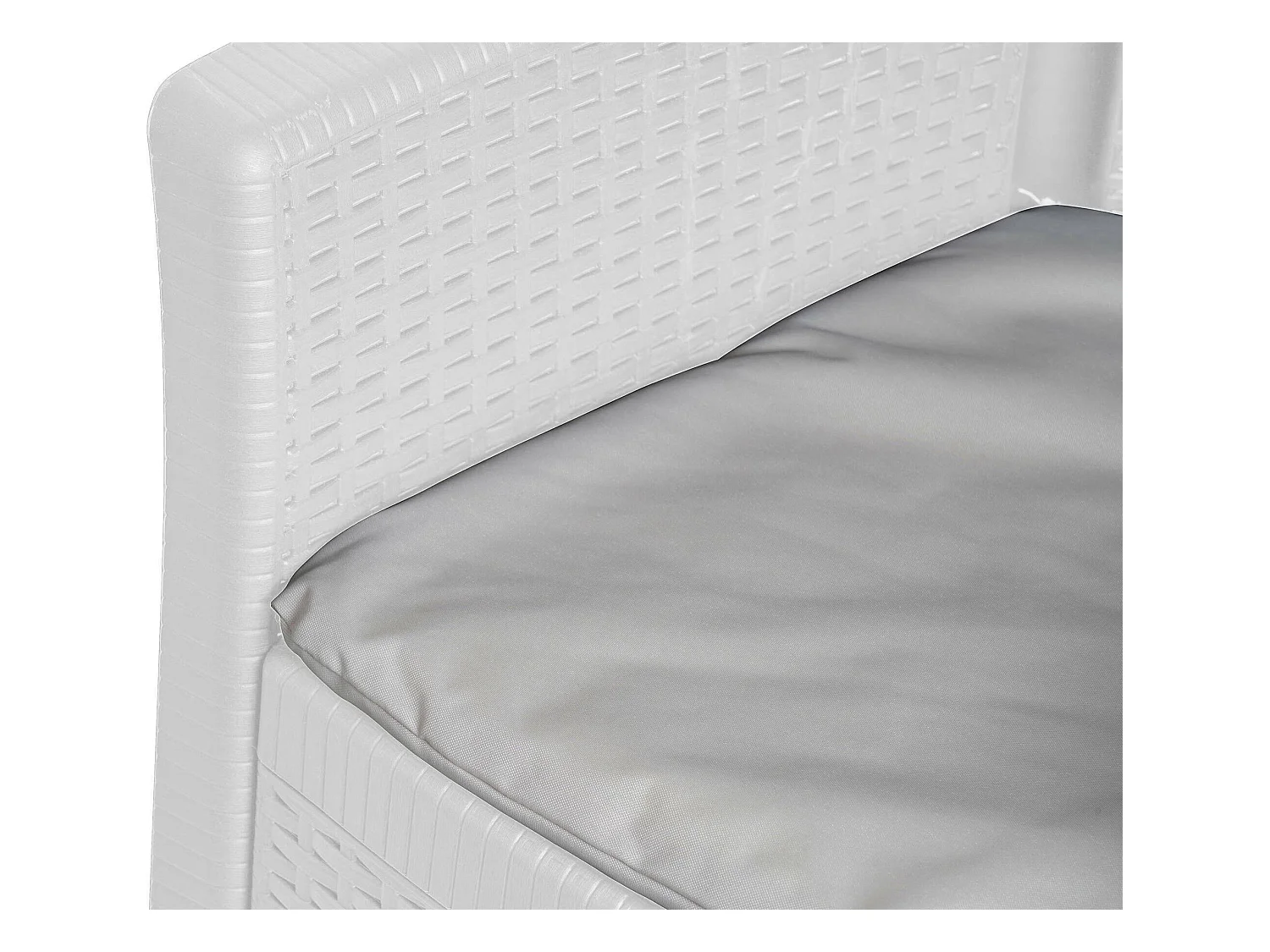 Set salon d’extérieur Dakain, Salon de jardin composé de 2 fauteuils et 1 table conteneur, Salon effet rotin, 100% Made in Italy, Blanc