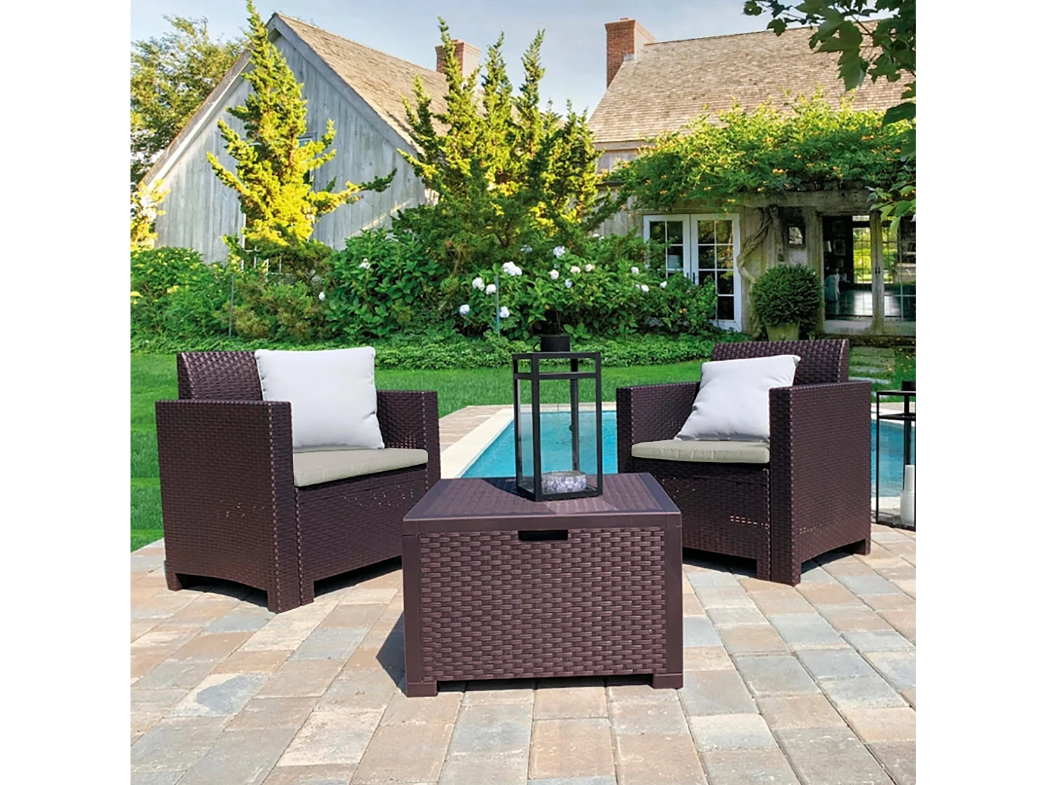 Conjunto de salón exterior Neptune, Conjunto de jardín con cojines, Conjunto de salón interior efecto ratán, 100% Made in Italy, Marrón