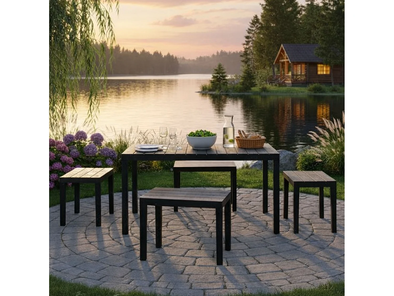 Set salon dextérieur Dmascar, Ensemble de jardin avec 1 table rectangulaire et 4 bancs, Ensemble Pic Nic intérieur et extérieur, 100% Made in Italy, Anthracite