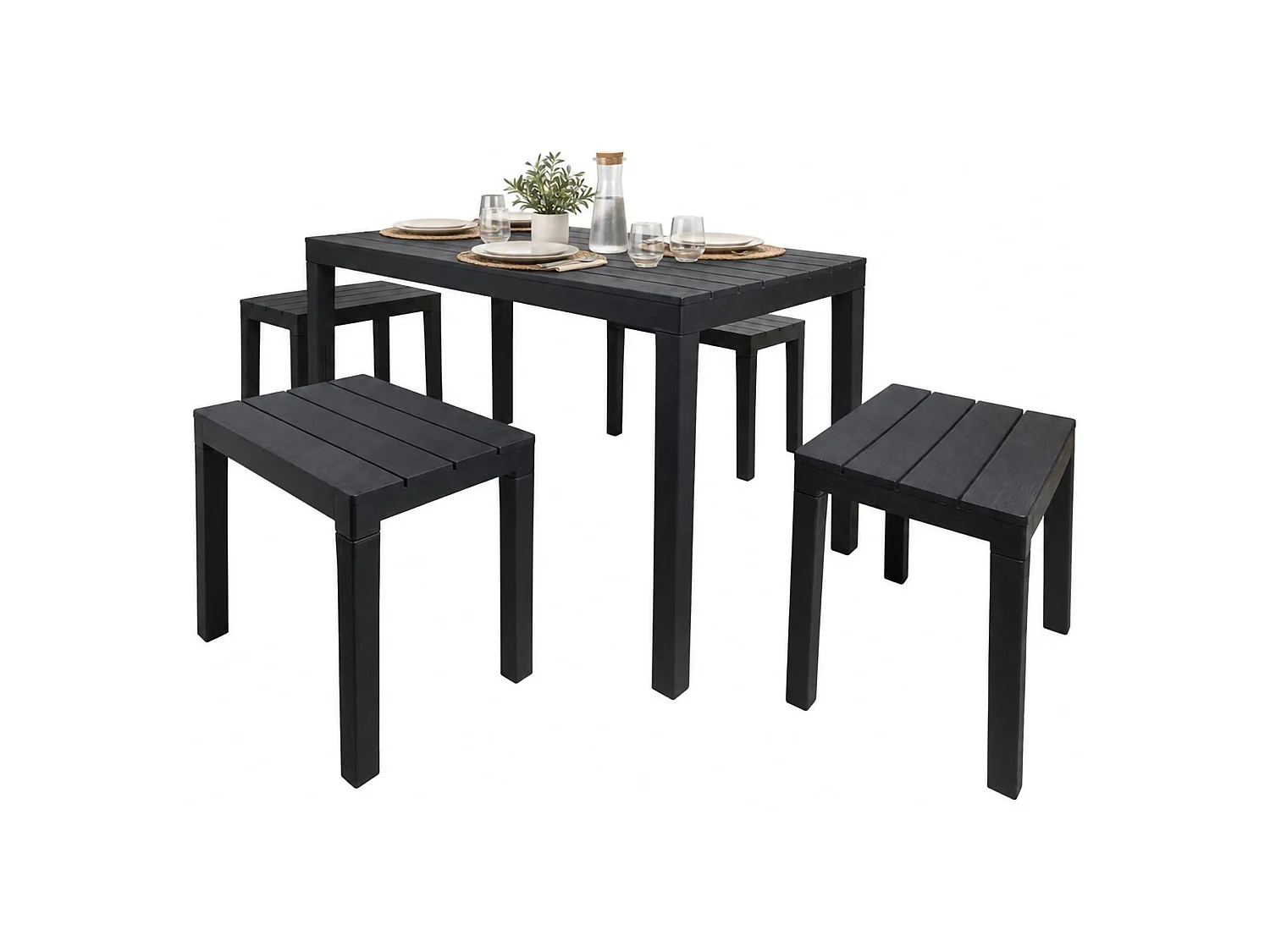 Set salon dextérieur Dmascar, Ensemble de jardin avec 1 table rectangulaire et 4 bancs, Ensemble Pic Nic intérieur et extérieur, 100% Made in Italy, Anthracite