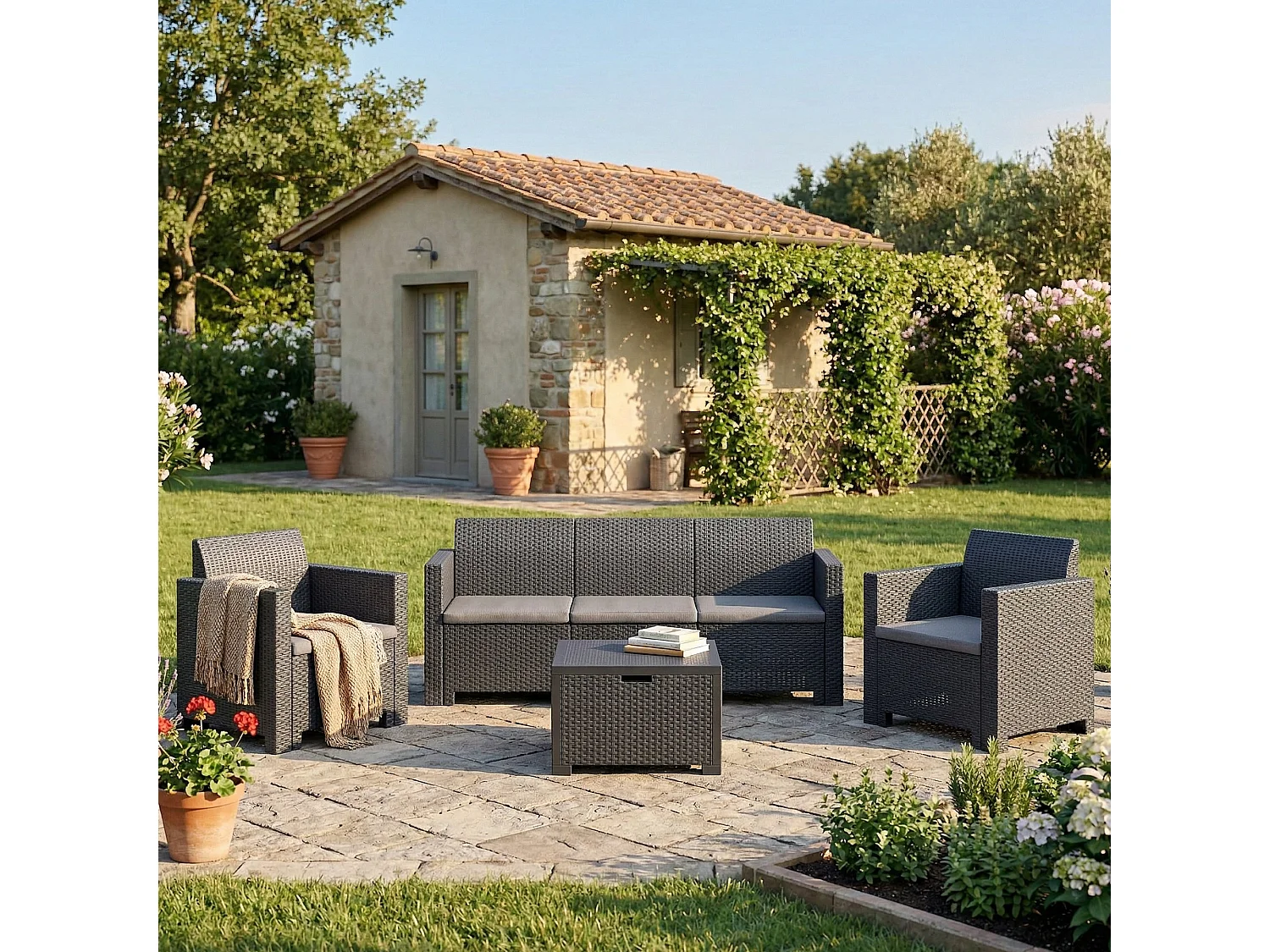 Dmora Lounge Set Venus Zwart Antraciet 5 Zitplaatsen, Schokbestendig, Waterdicht, Italiaans Outdoor Salon met Tafel