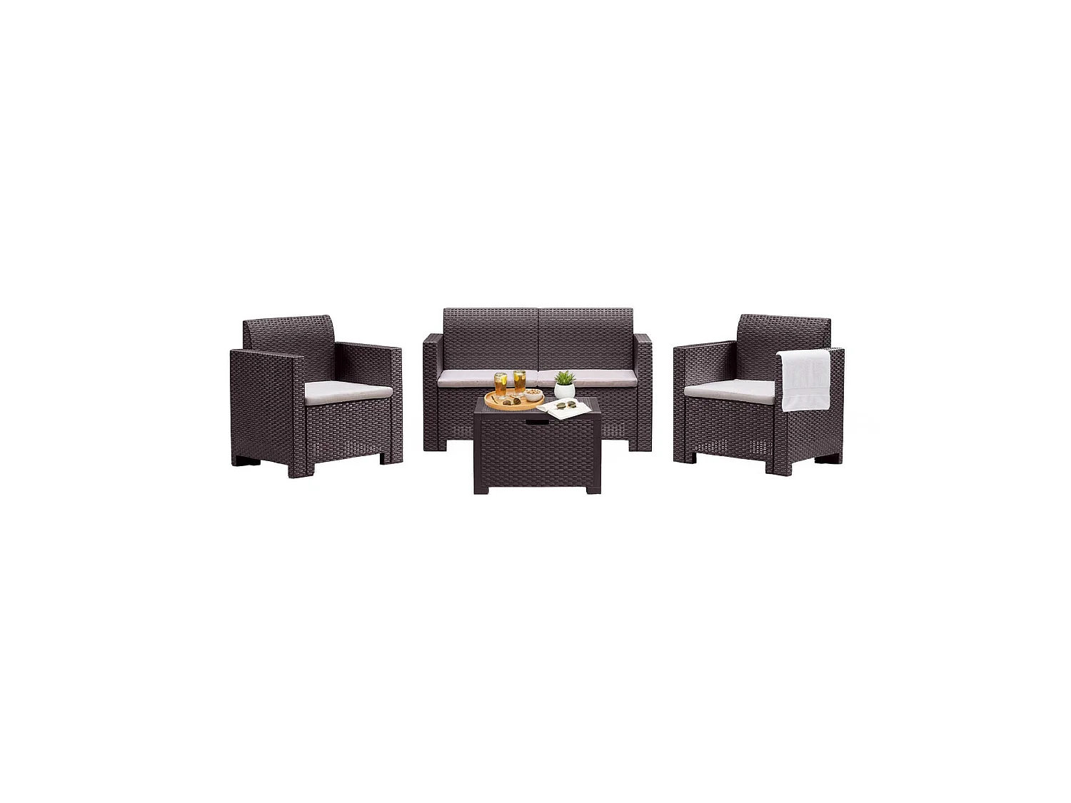 Ensemble de salon d'extérieur Venere, Ensemble de jardin avec coussins, Ensemble de salon d'intérieur effet rotin, 100% Made in Italy, Marron
