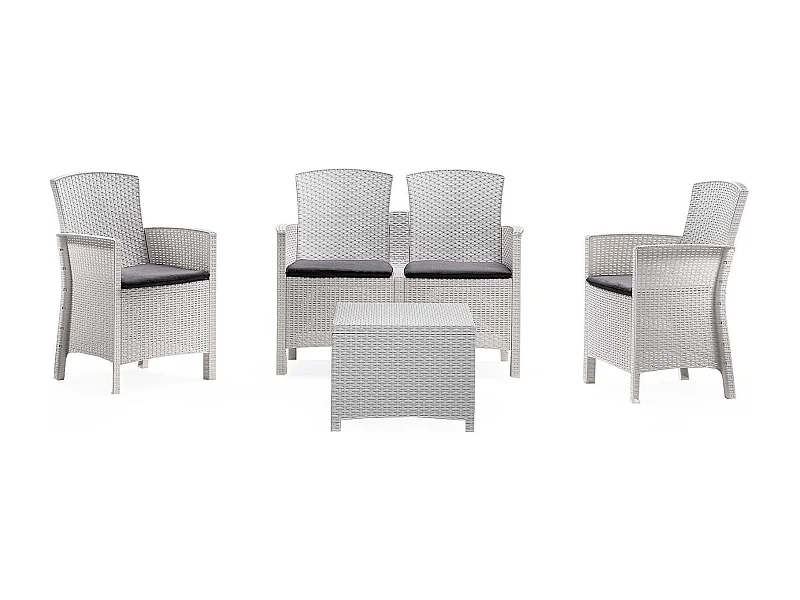 Ensemble de salon d'extérieur Urano, Salon de jardin avec coussins, Salon d'intérieur effet rotin, 100% Made in Italy, Blanc