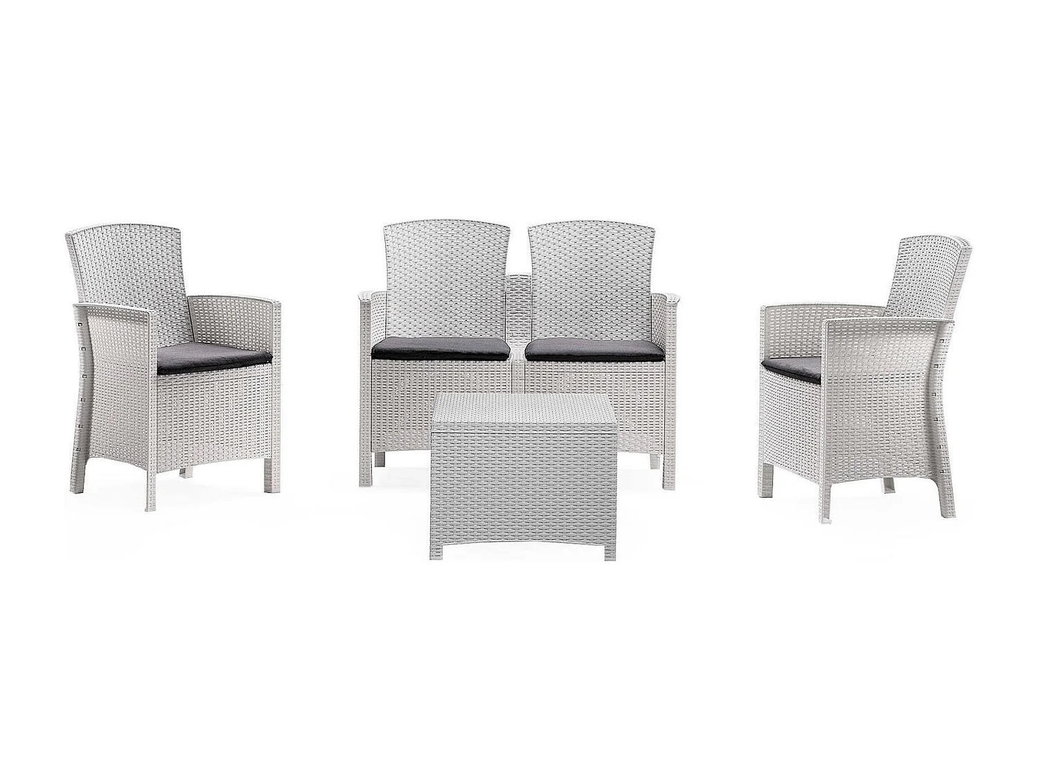 Conjunto de salón exterior Urano, Conjunto de jardín con cojines, Conjunto de salón interior efecto ratán, 100% Made in Italy, Blanco