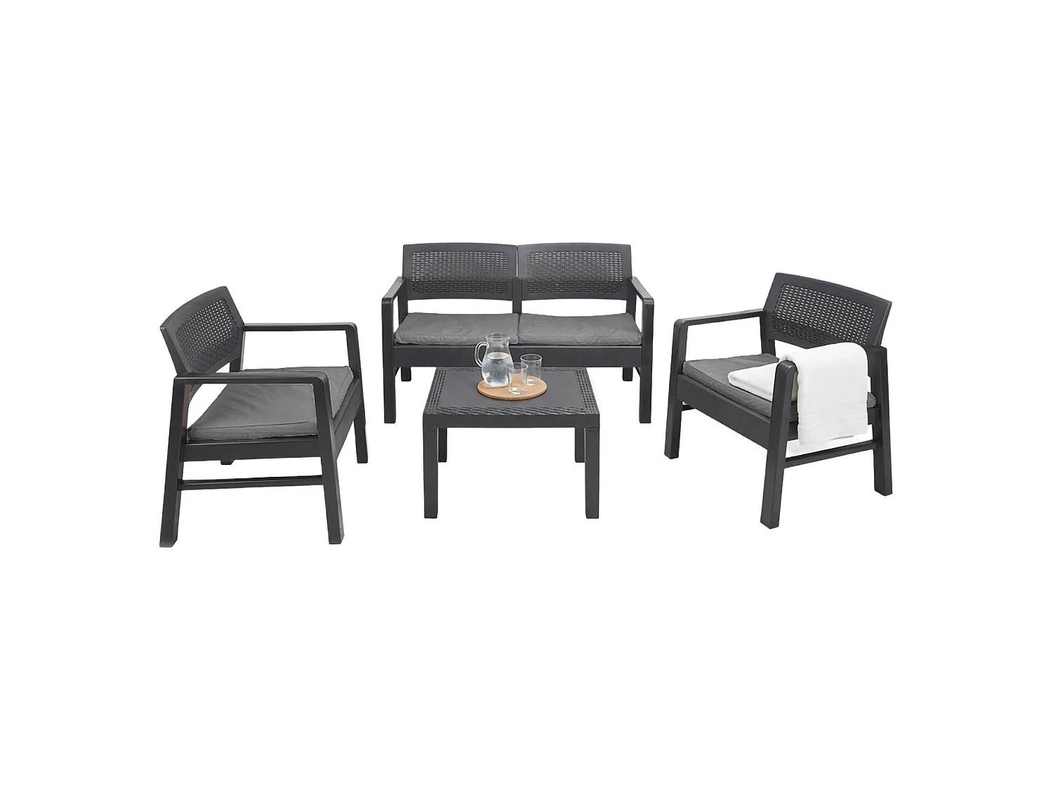 Dauter buitenloungeset, Tuinset met 2 fauteuils, 1 bank en 1 salontafel, Rotan effect lounge met kussens, 100% Made in Italy, Antraciet