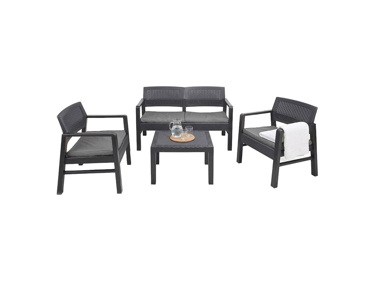 Set salon d'extérieur Carpi, Salon de jardin composé de 2 fauteuils, 1 canapé et 1 table basse, Coin salon effet rotin avec coussins, 100% Made in Italy, Anthracite