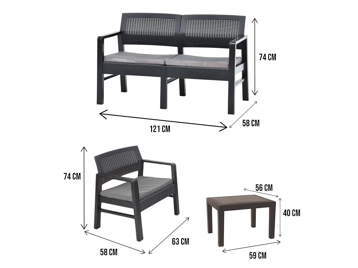 Set salon d'extérieur Carpi, Salon de jardin composé de 2 fauteuils, 1 canapé et 1 table basse, Coin salon effet rotin avec coussins, 100% Made in Italy, Anthracite