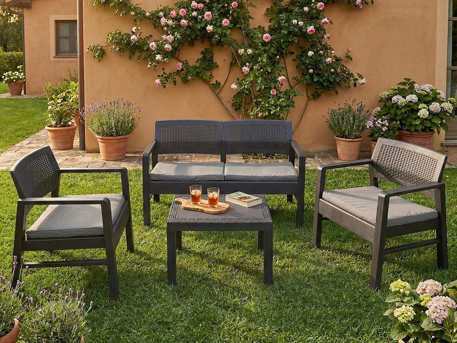 Set Salotto da Esterno Agnelo, 4 Posti Made in Italy, Nero Antracite, Salottino Outdoor